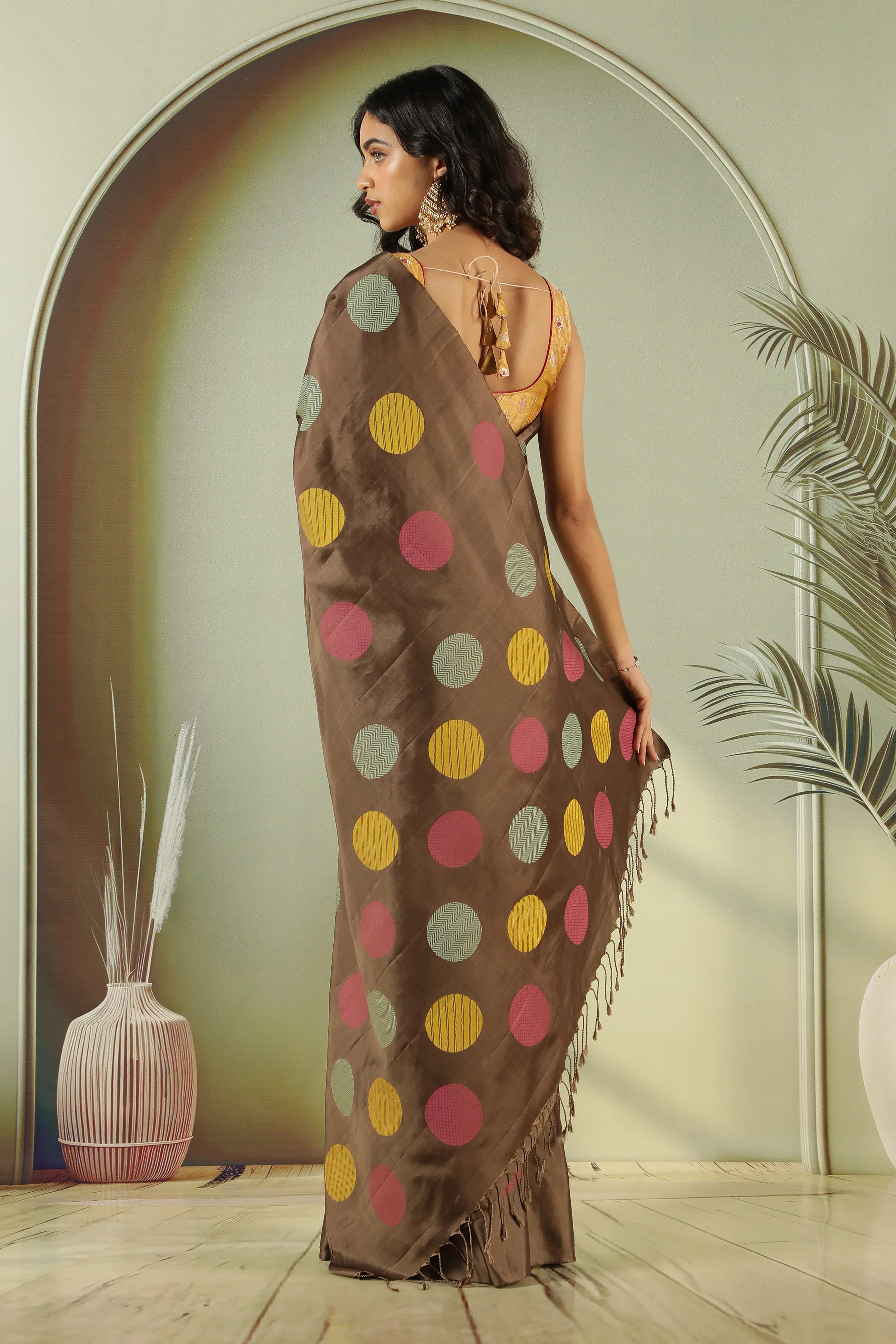 Brown Soft Silk Saree with Multi-Color Coin Butta - Mokshaa