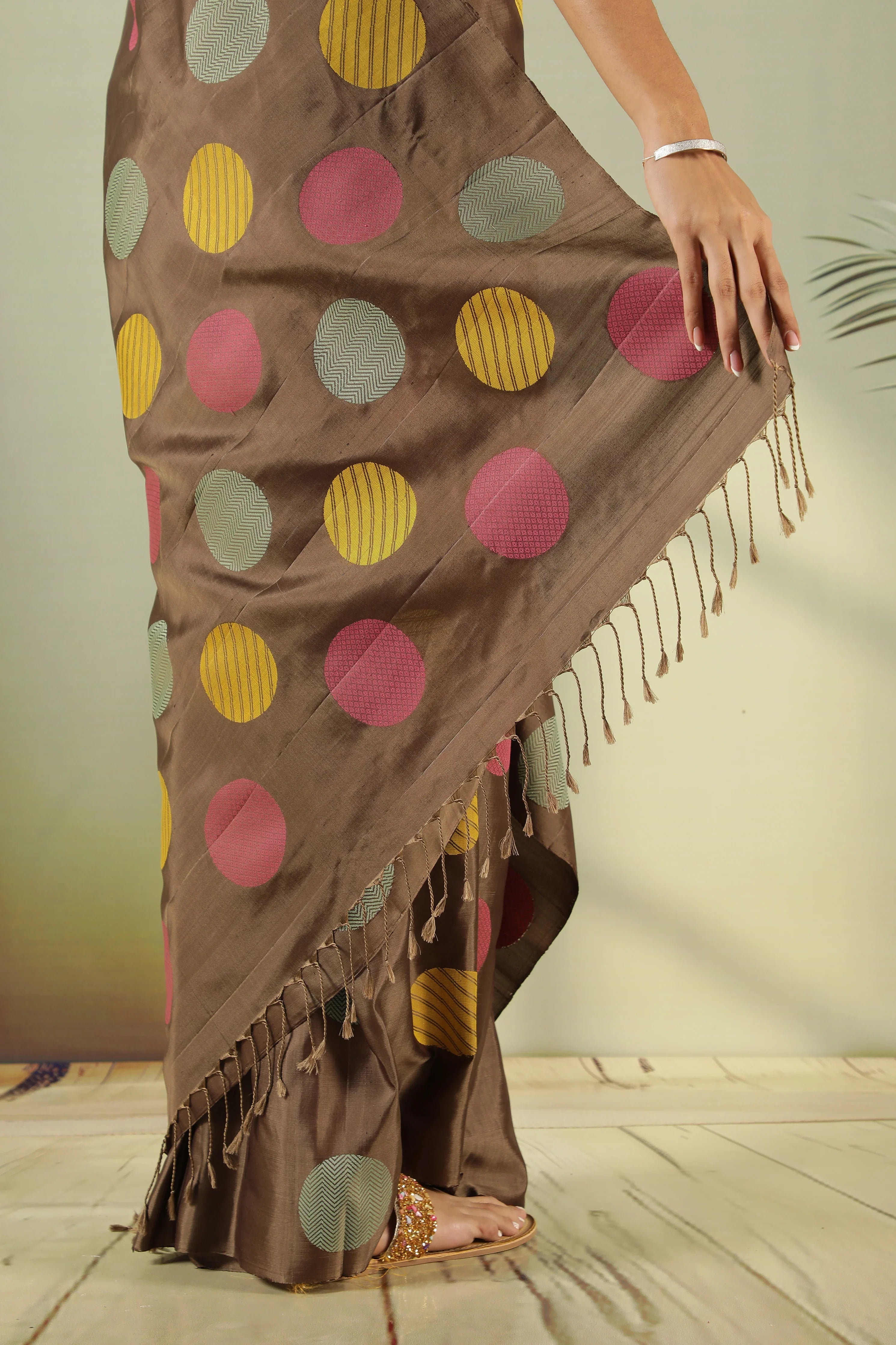 Brown Soft Silk Saree with Multi-Color Coin Butta - Mokshaa