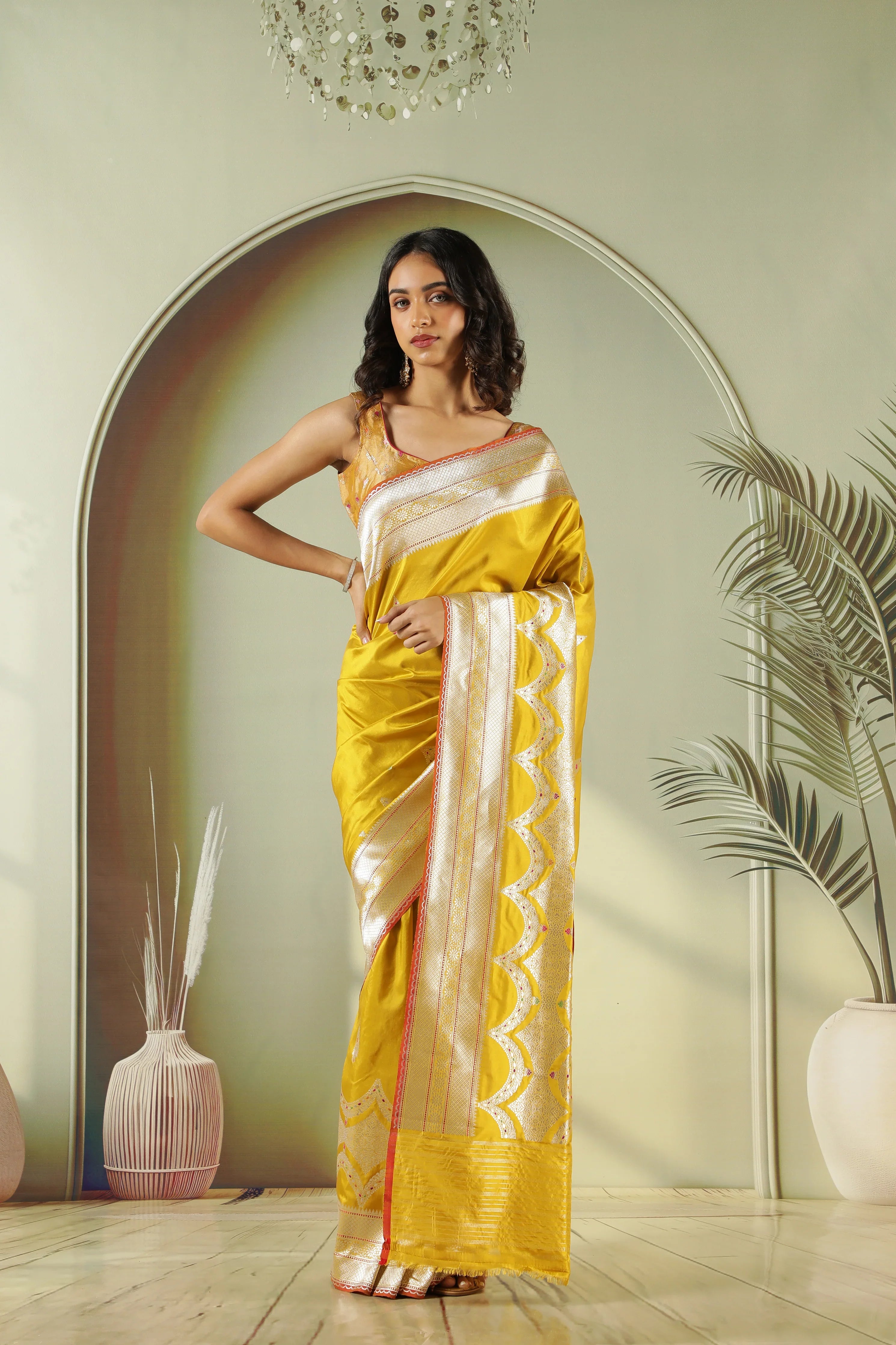 Mustard Banarasi Silk Saree with Fancy Butti & Contrast Blouse - Mokshaa
