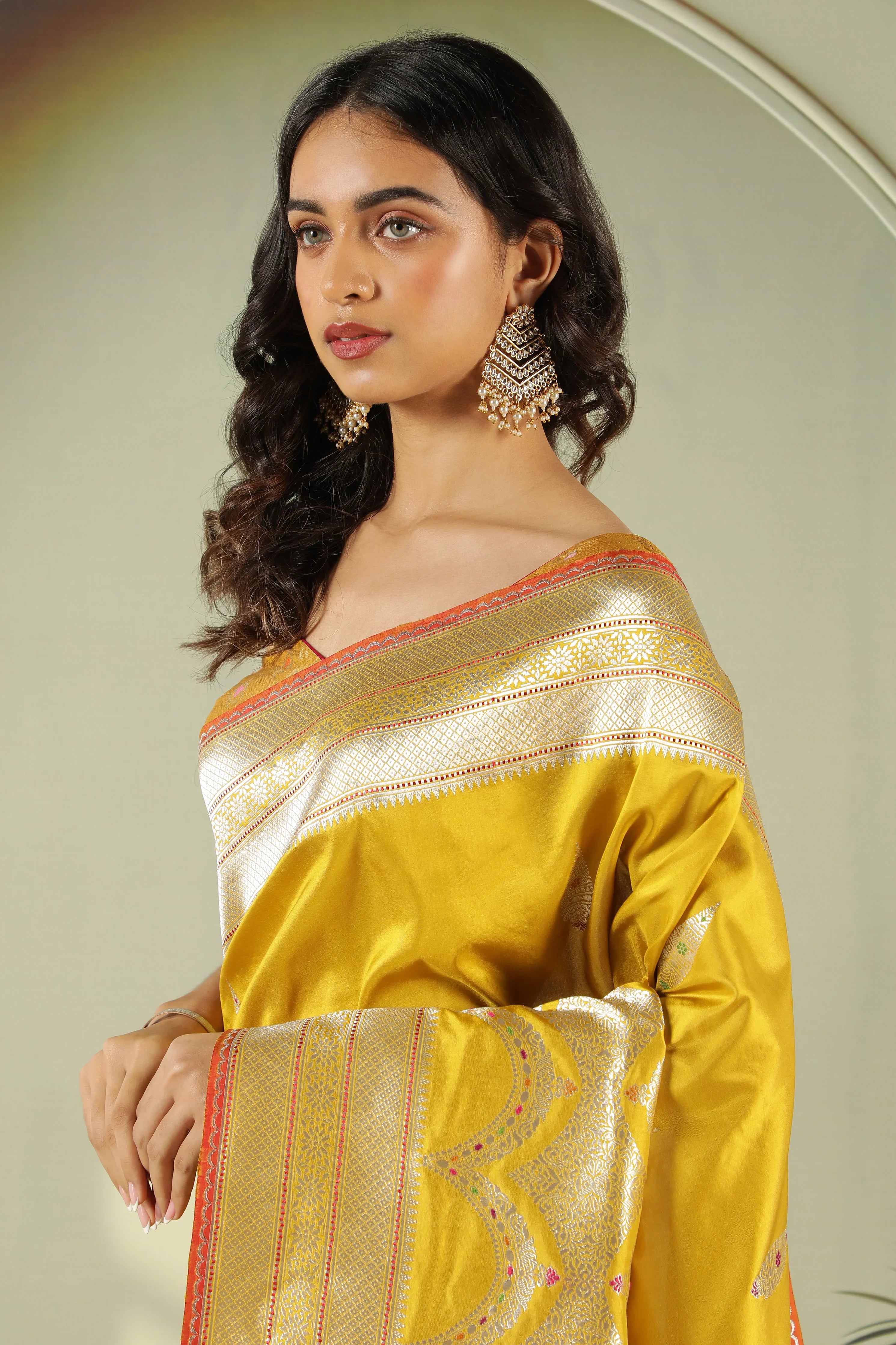 Mustard Banarasi Silk Saree with Fancy Butti & Contrast Blouse - Mokshaa