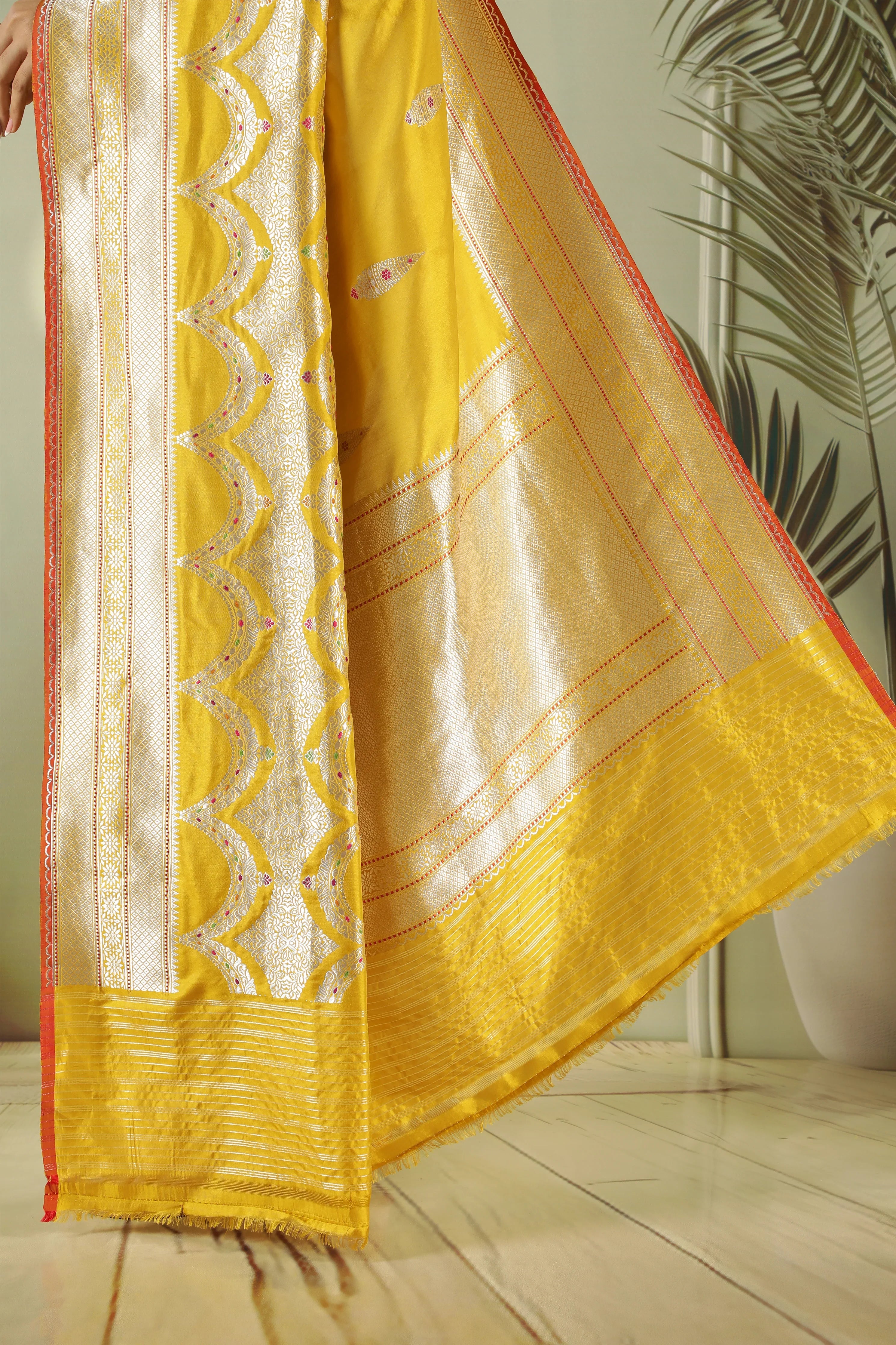 Mustard Banarasi Silk Saree with Fancy Butti & Contrast Blouse - Mokshaa