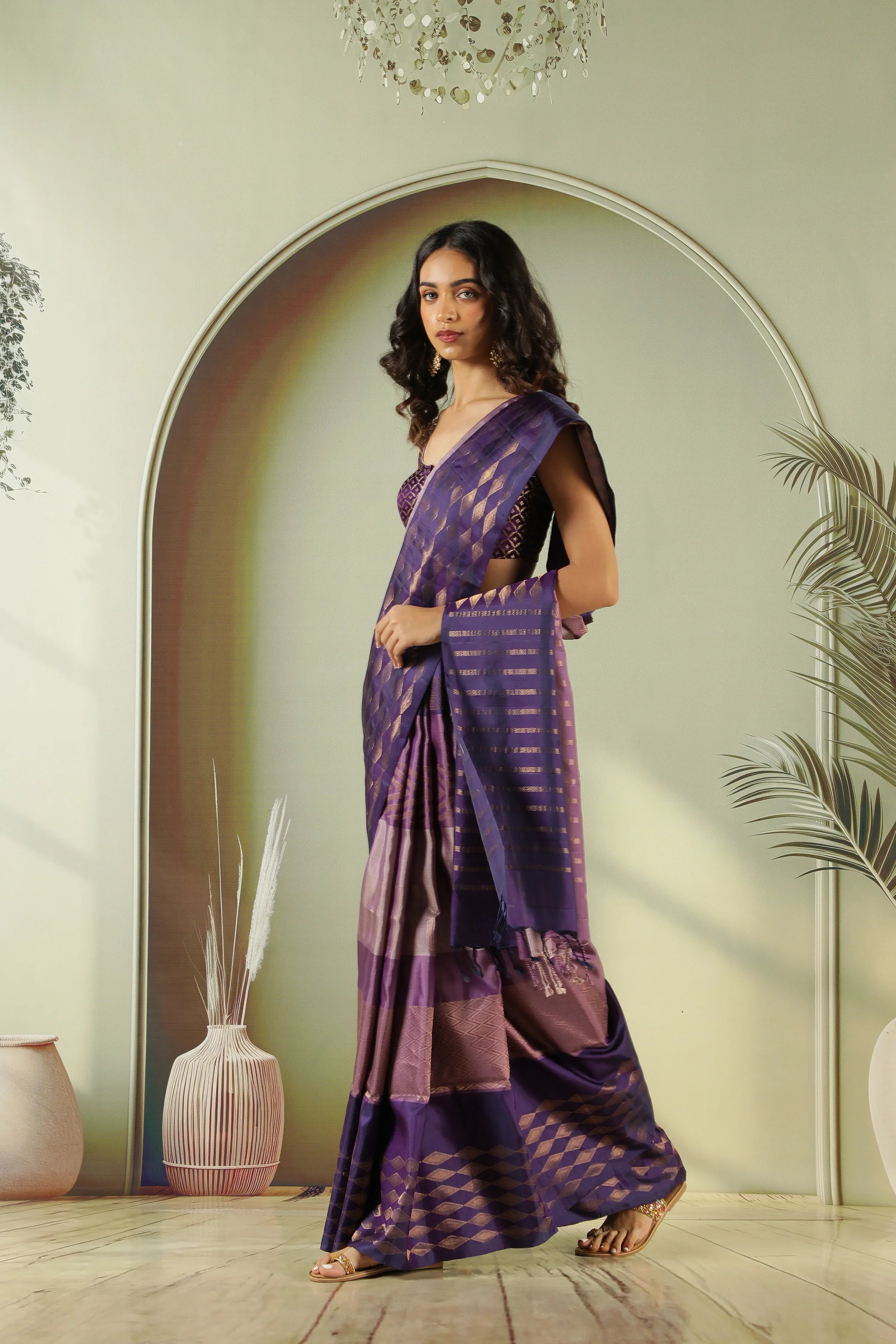 Light Purple Soft Silk Saree with Fancy Weaving & Contrast Blouse - Mokshaa
