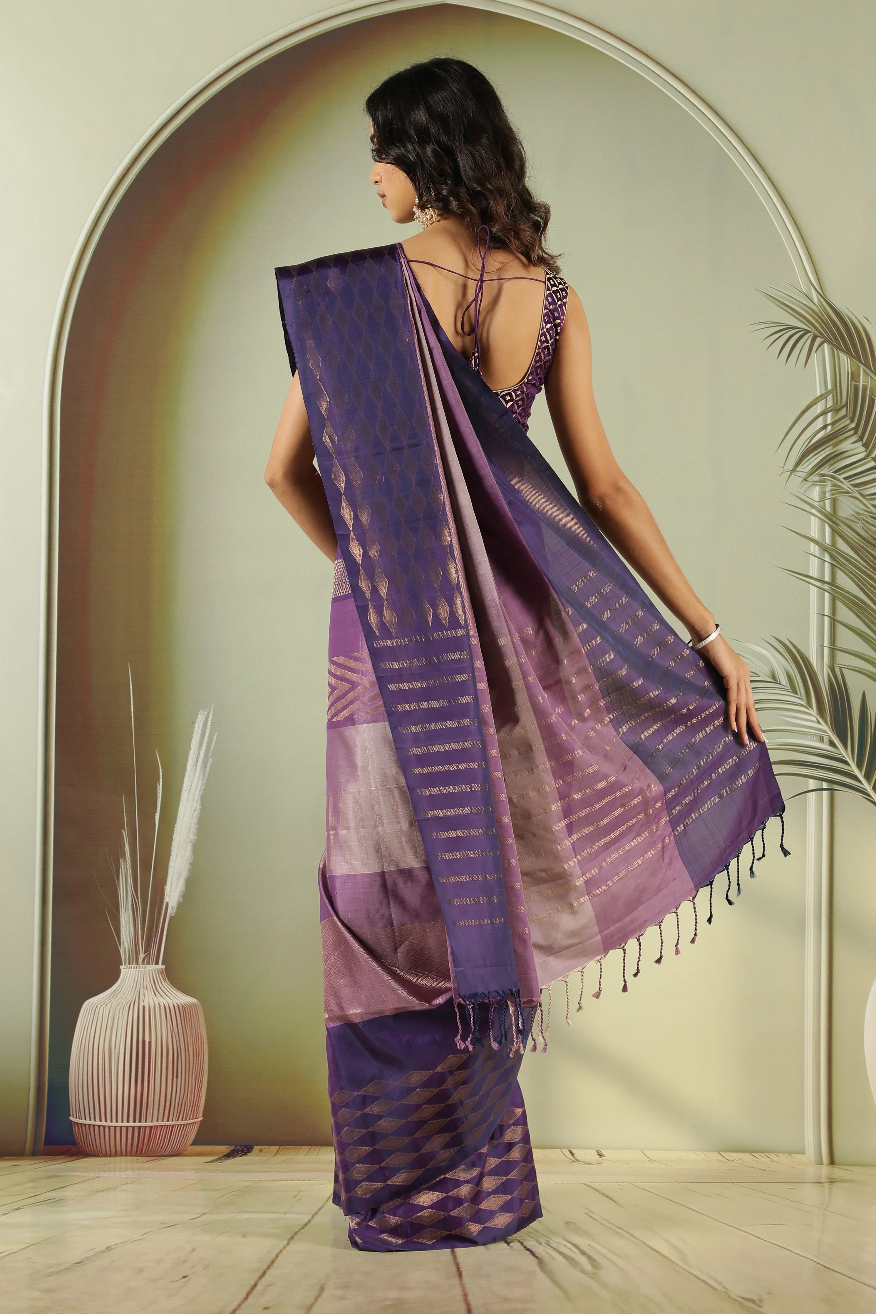 Light Purple Soft Silk Saree with Fancy Weaving & Contrast Blouse - Mokshaa