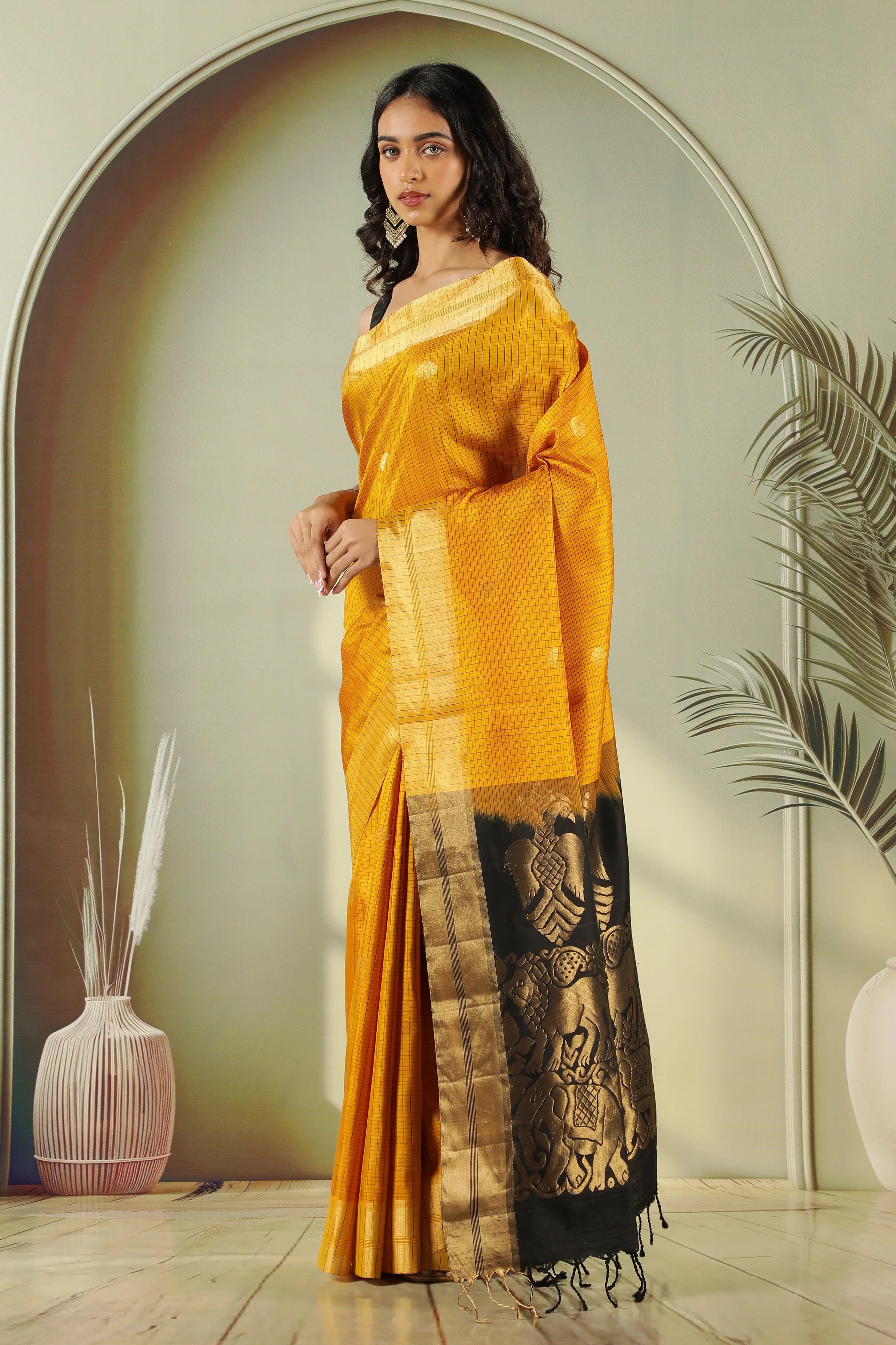 Mustard Soft Silk Saree with Contrast Black Zari Pallu - Mokshaa