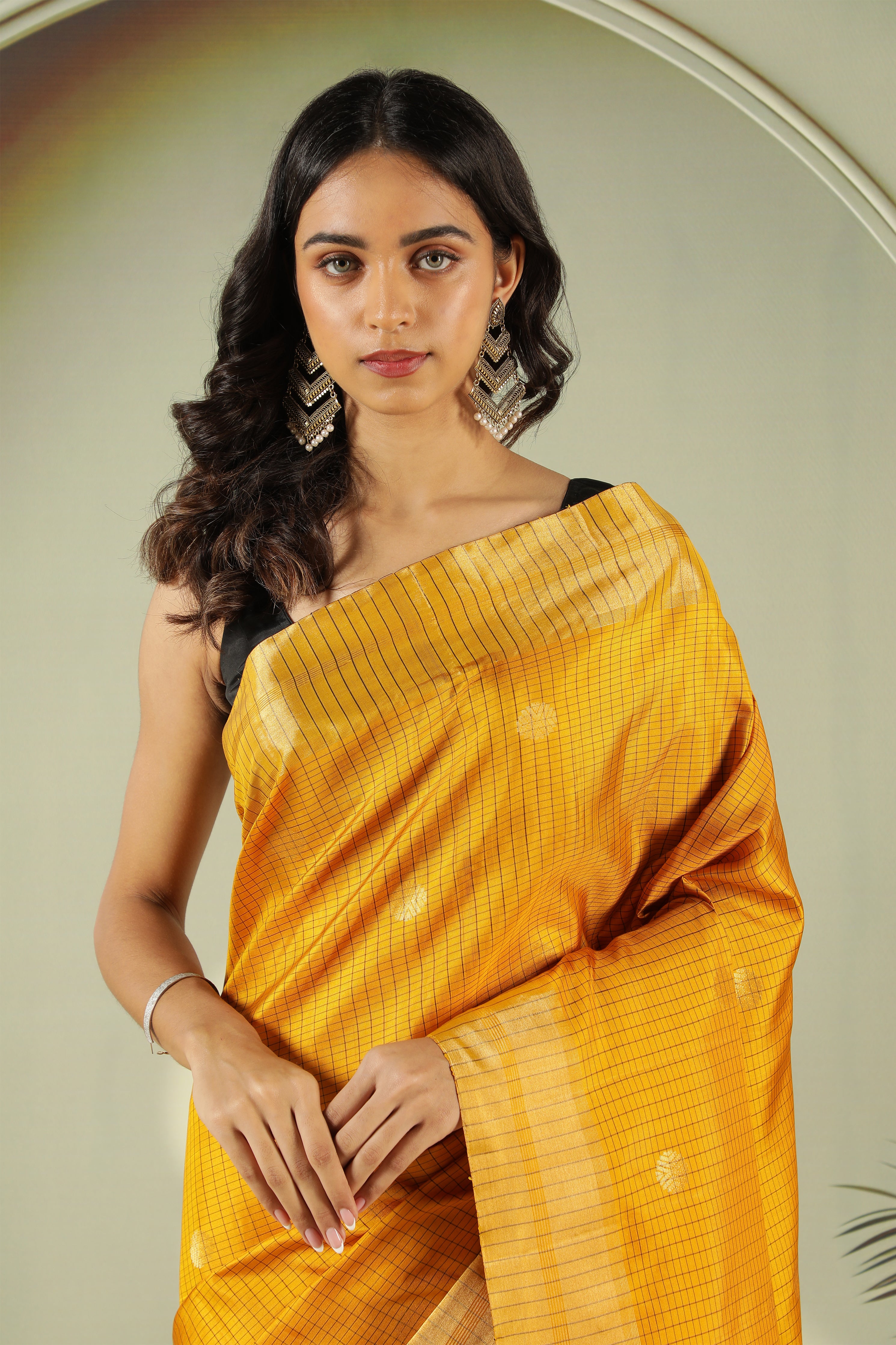 Mustard Soft Silk Saree with Contrast Black Zari Pallu - Mokshaa