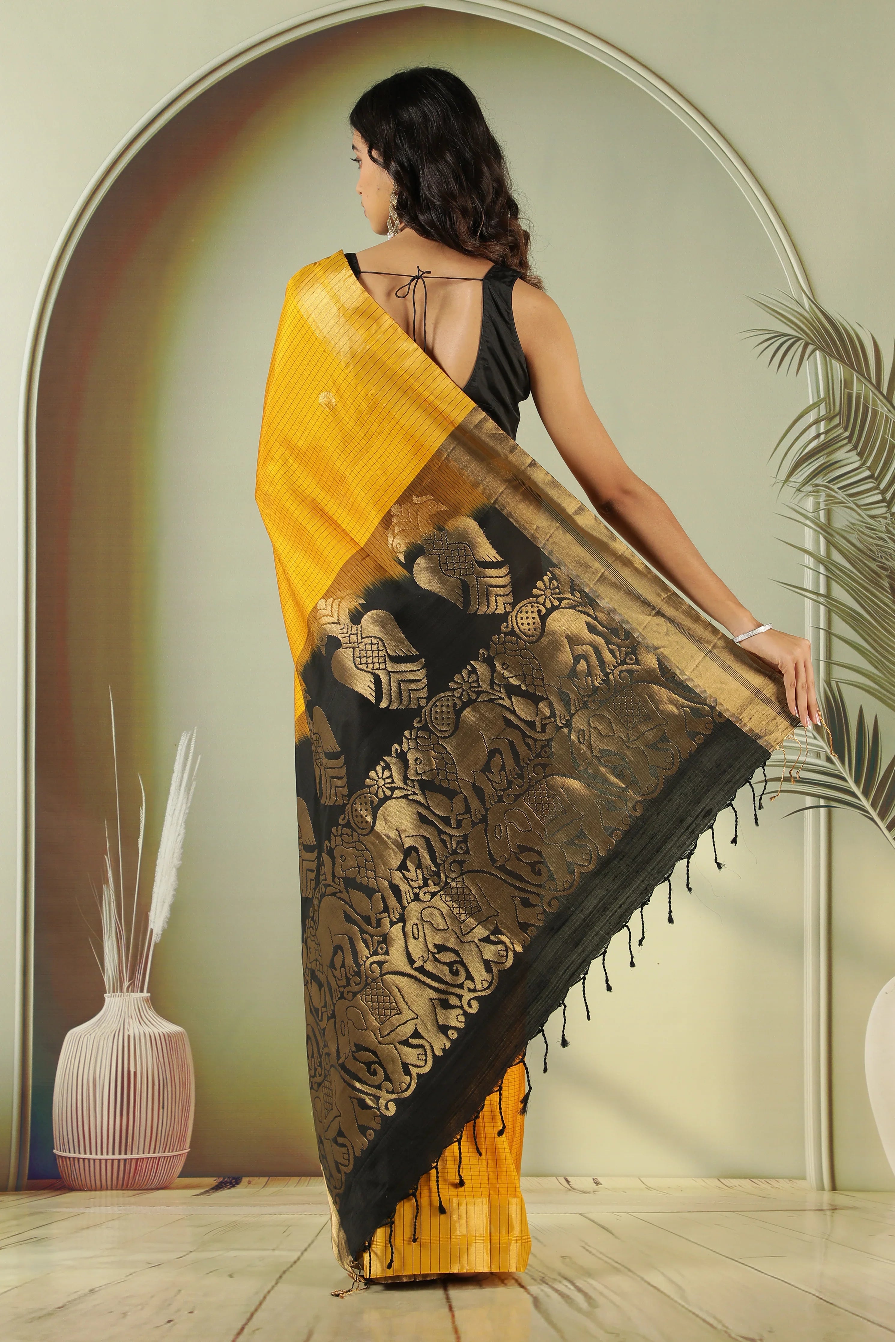 Mustard Soft Silk Saree with Contrast Black Zari Pallu - Mokshaa