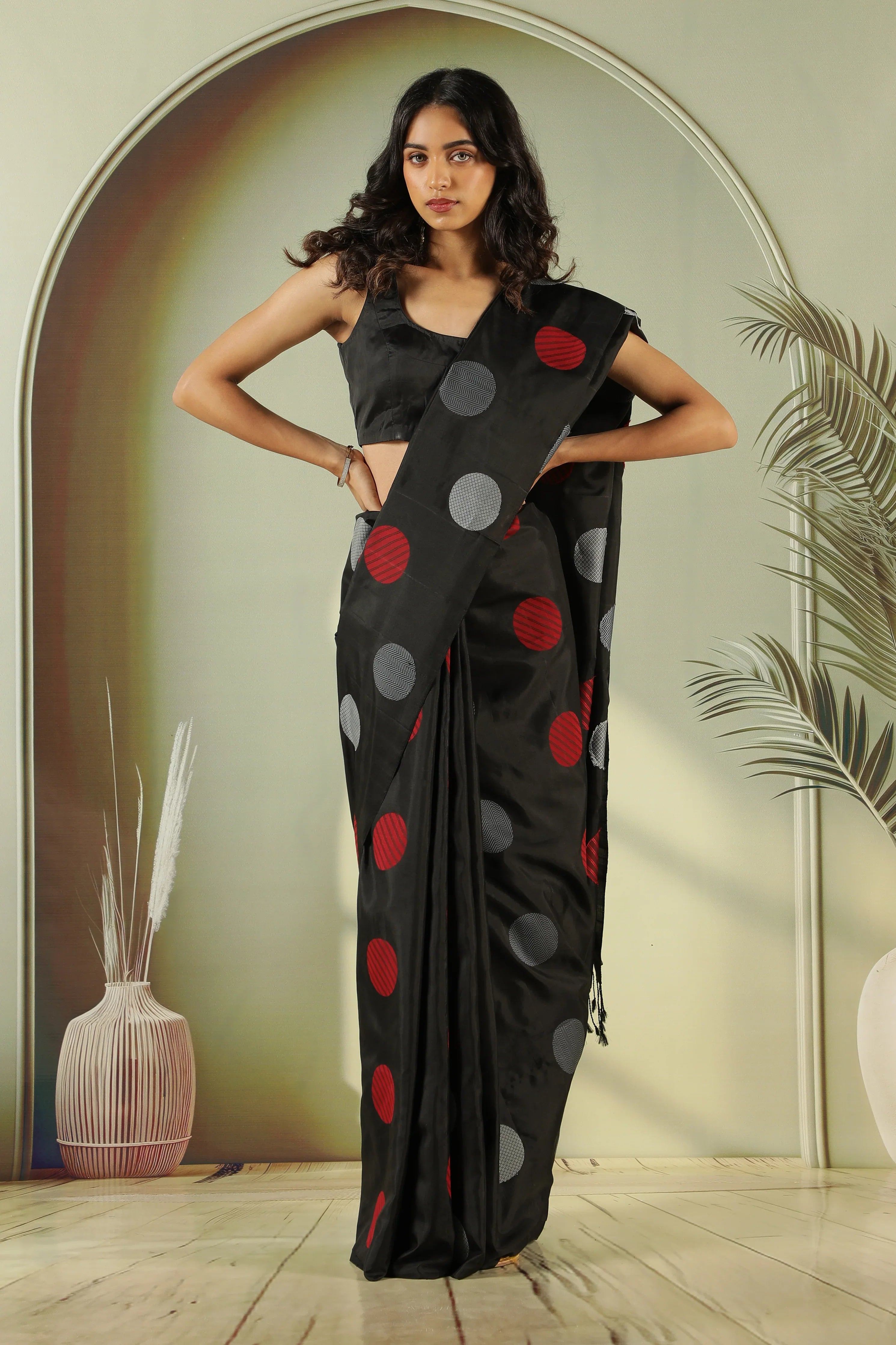 Black Soft Silk Saree with Silver Grey & Red Butta - Mokshaa