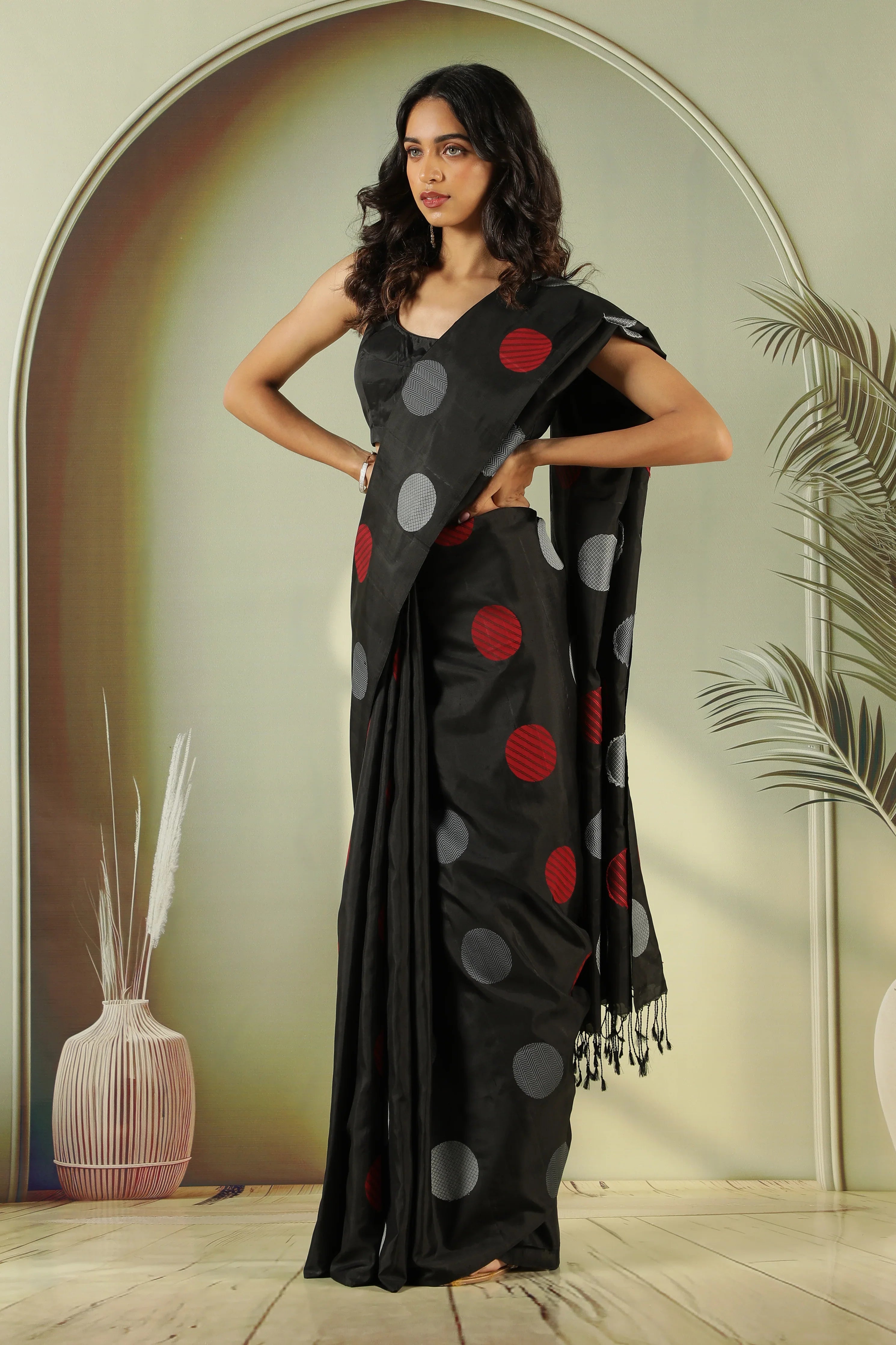 Black Soft Silk Saree with Silver Grey & Red Butta - Mokshaa