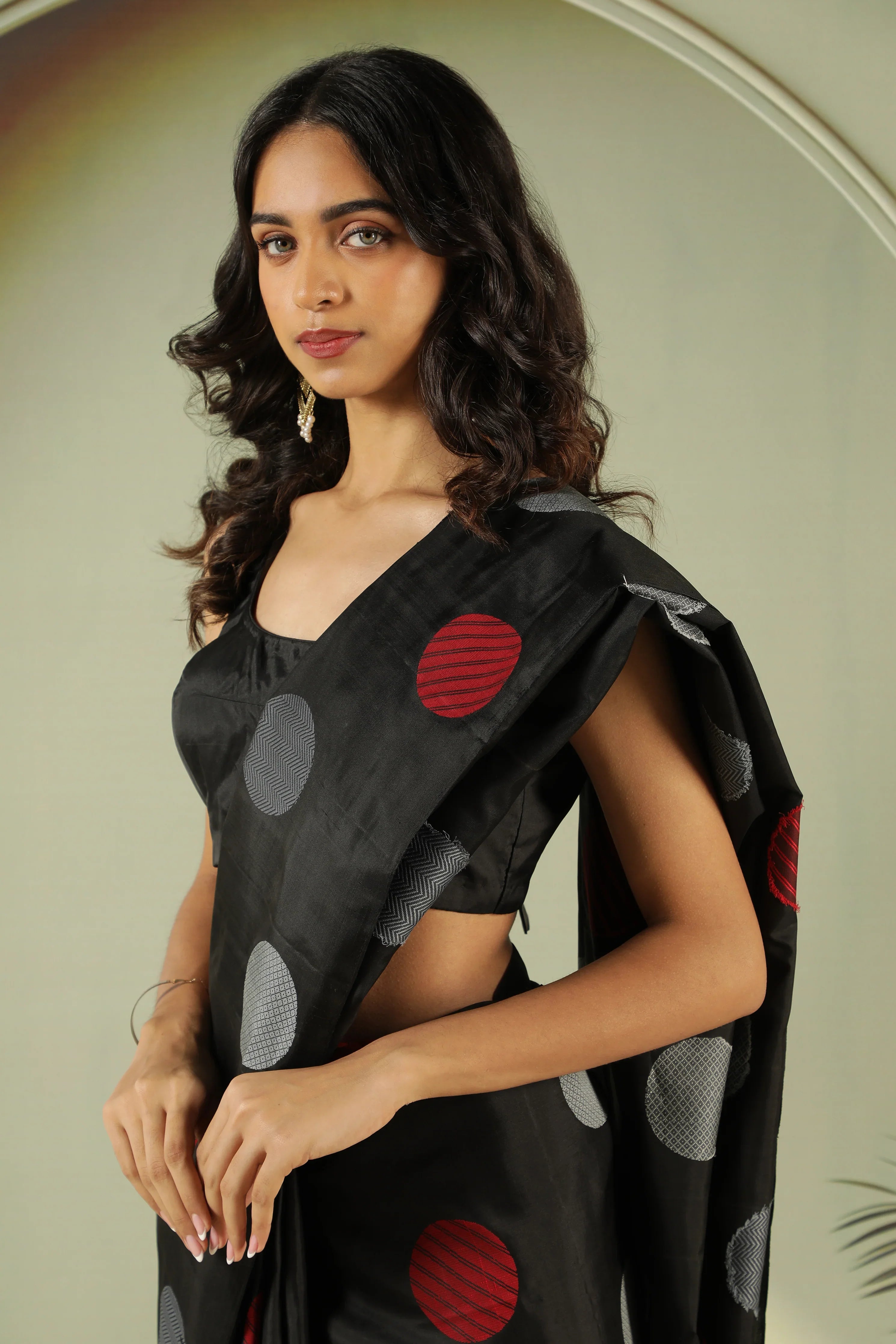 Black Soft Silk Saree with Silver Grey & Red Butta - Mokshaa
