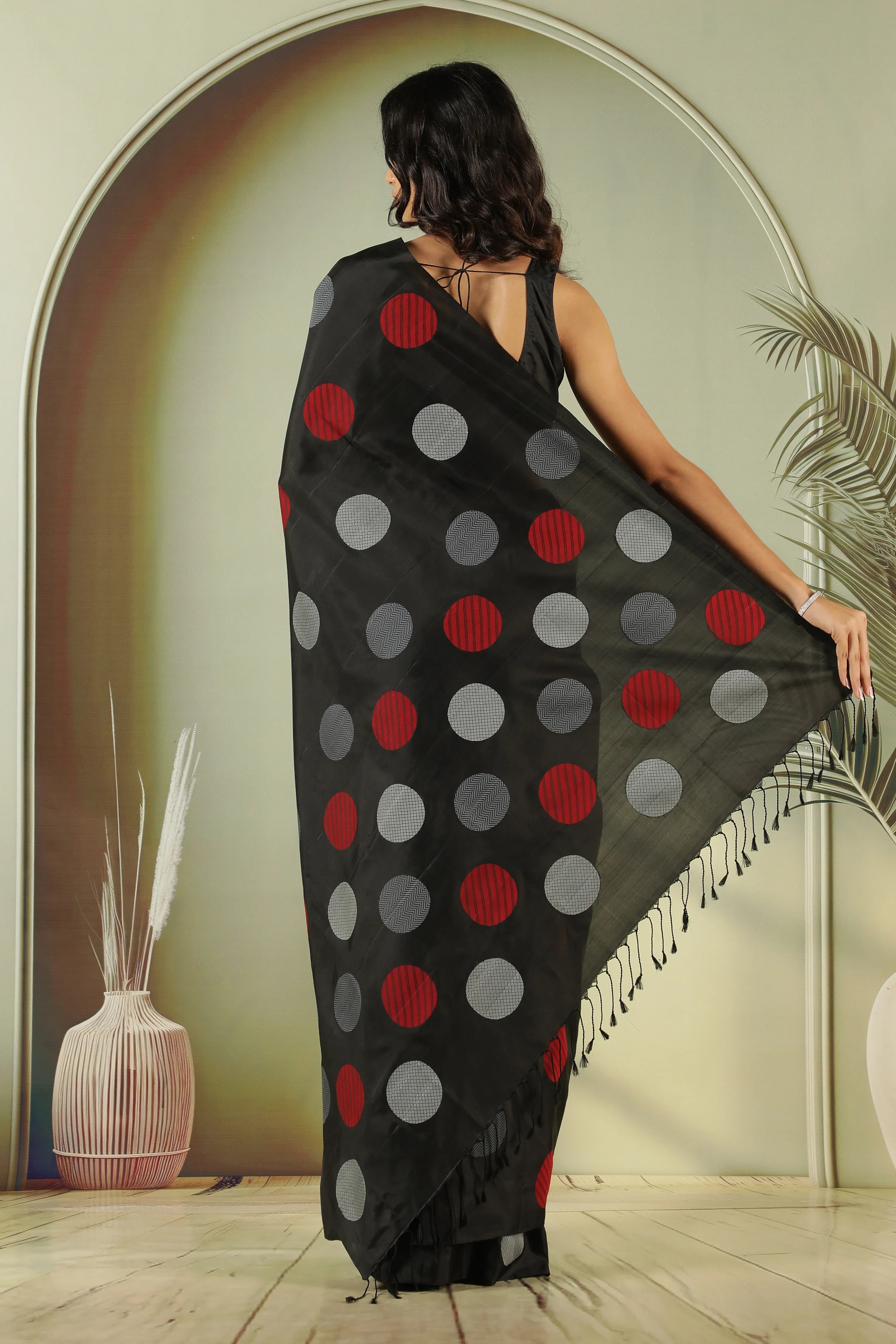 Black Soft Silk Saree with Silver Grey & Red Butta - Mokshaa