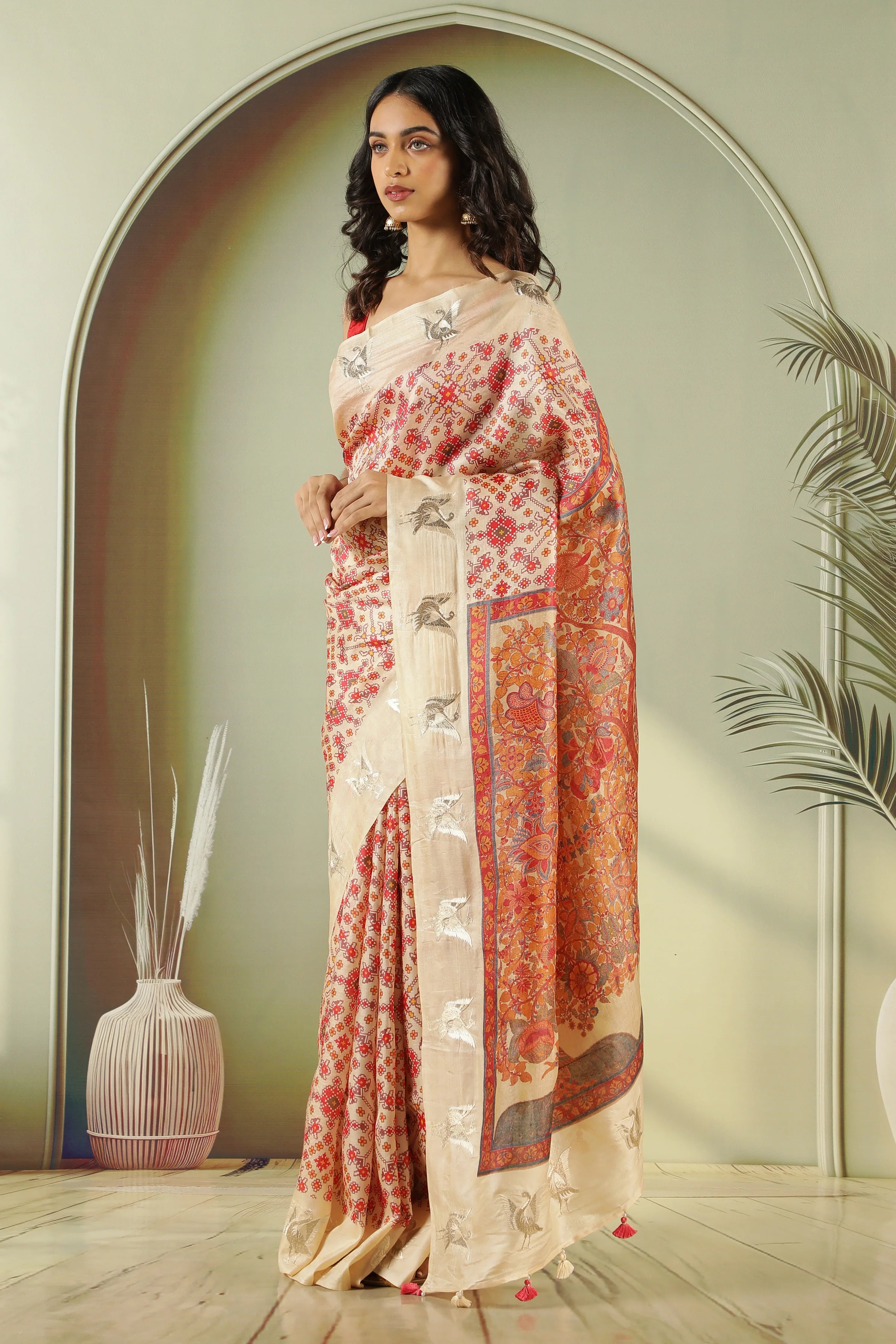Cream Tussar Silk Saree with Ikat Print & Zari Butti Border - Mokshaa