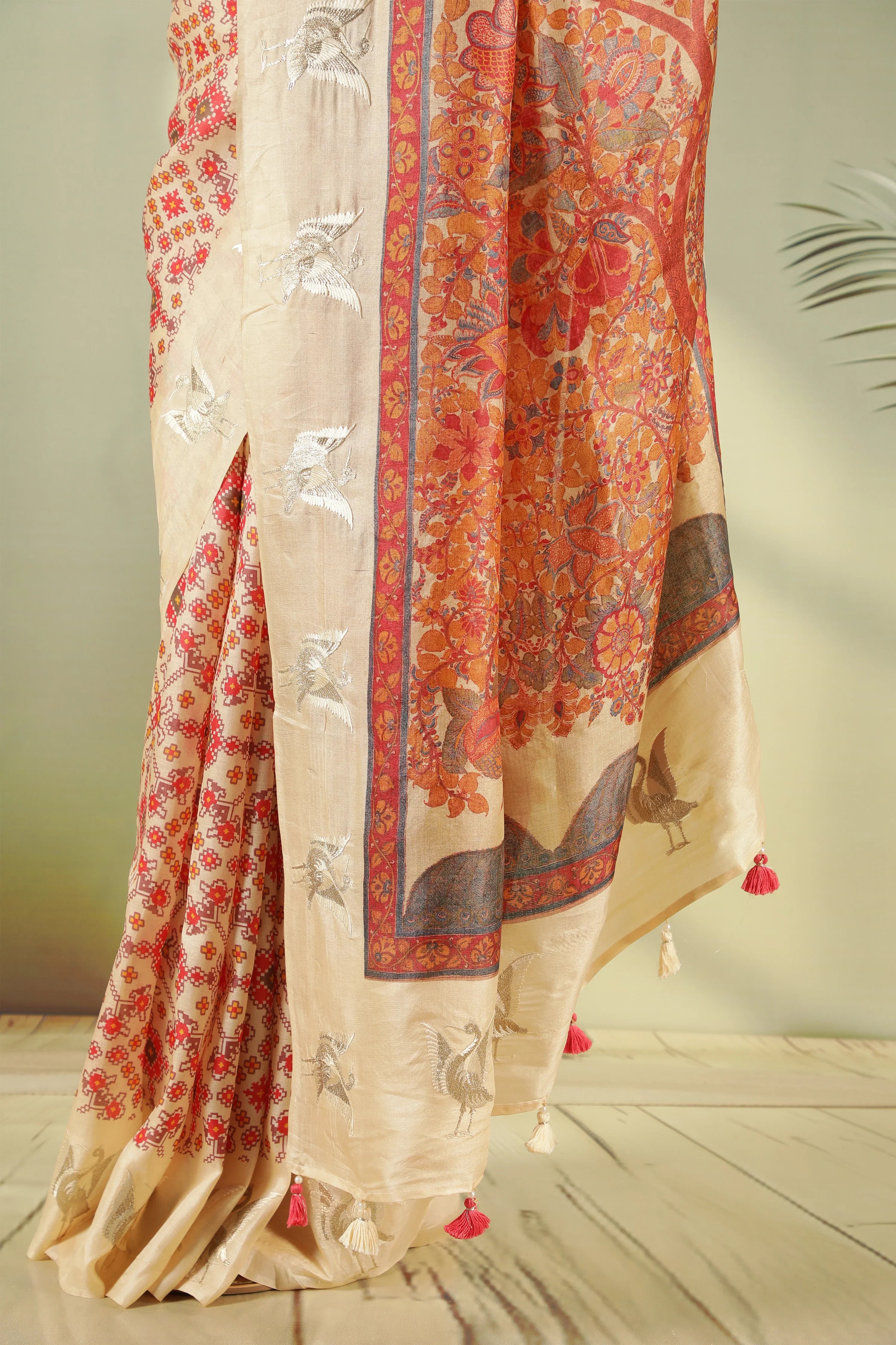 Cream Tussar Silk Saree with Ikat Print & Zari Butti Border - Mokshaa