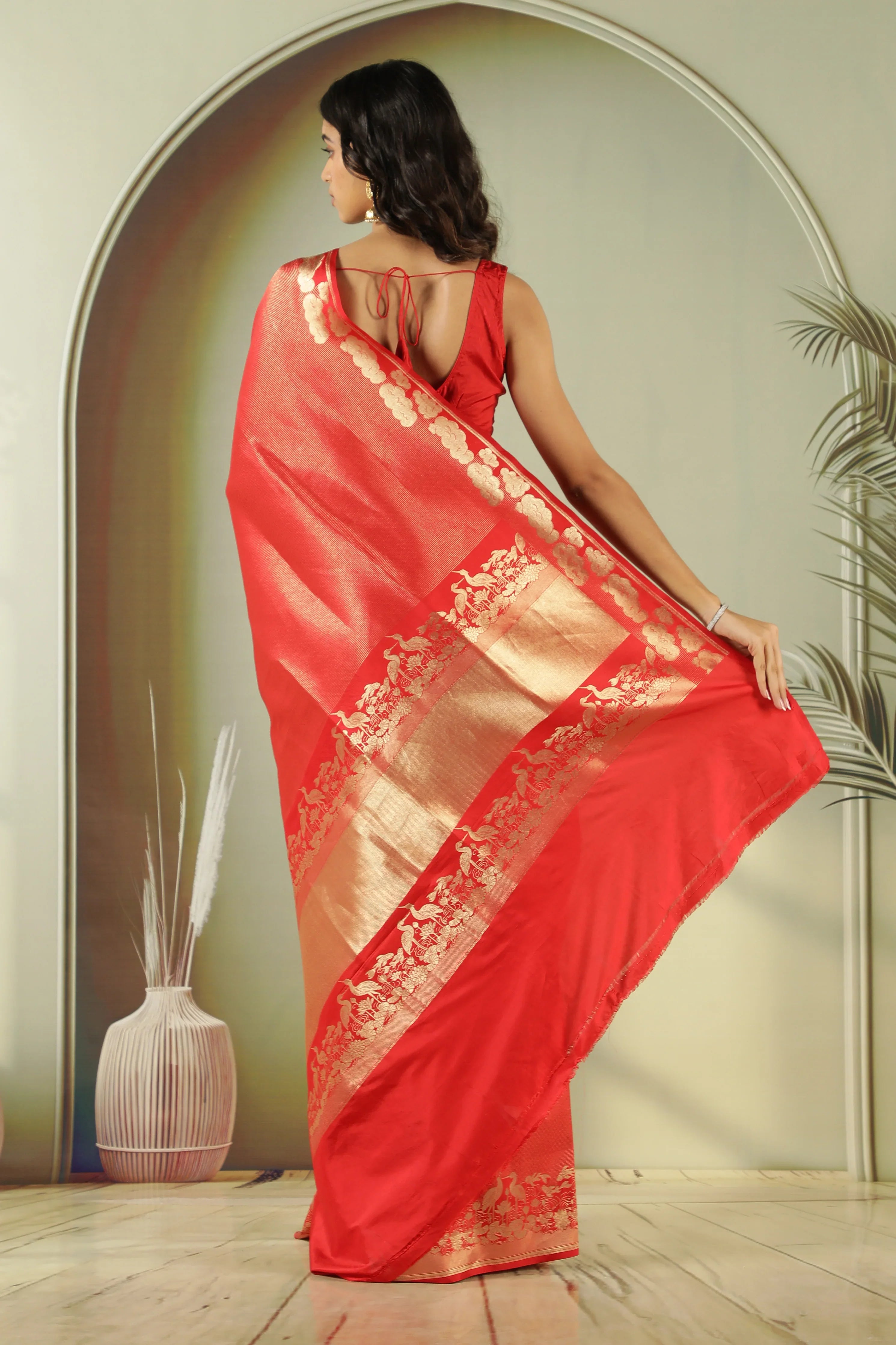 Red Banarasi Silk Saree with Self Zari Weaving & Ornate Fancy Border - Mokshaa