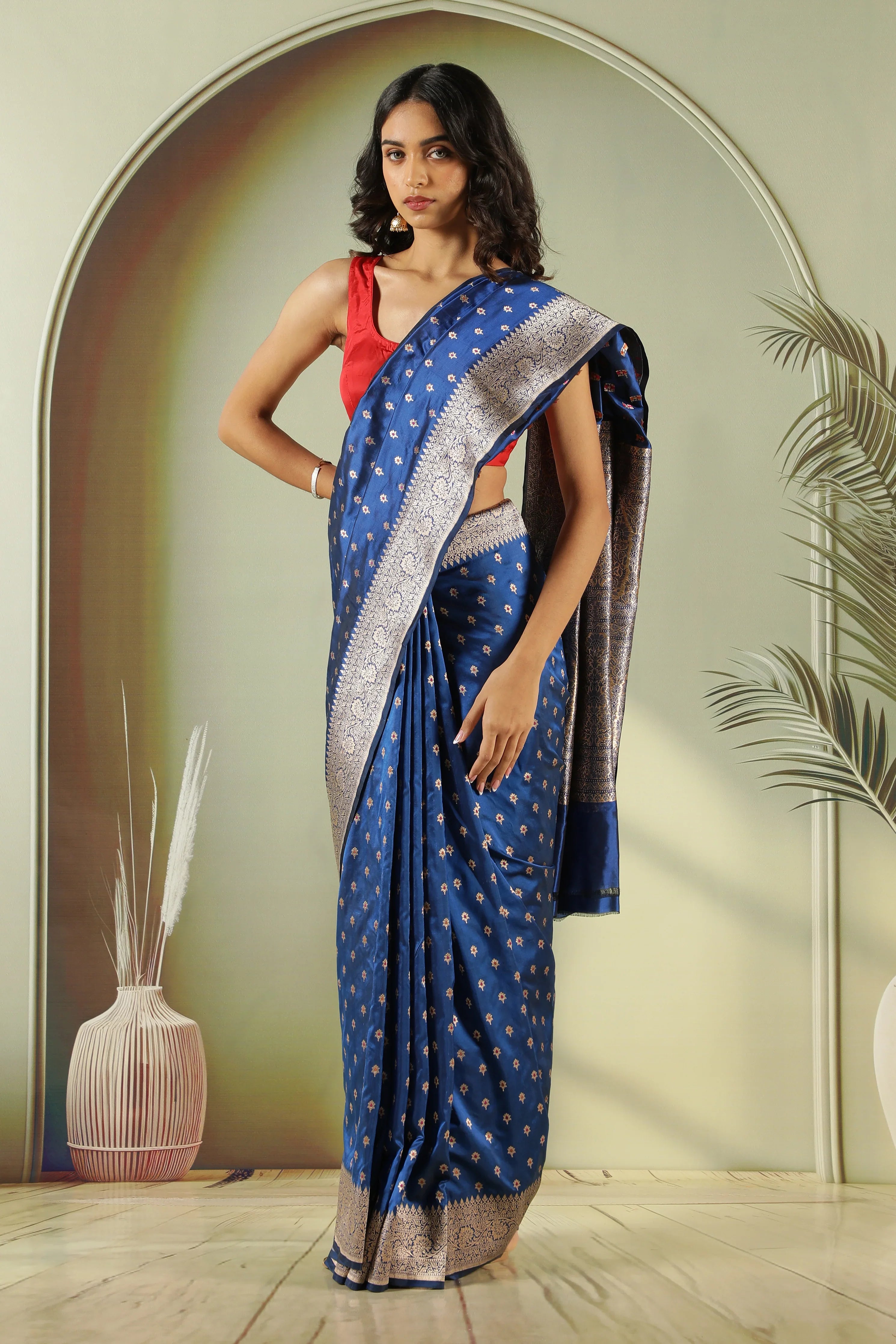 Royal Blue Banarasi Silk Saree with Butti Weaving & Zari Border - Mokshaa