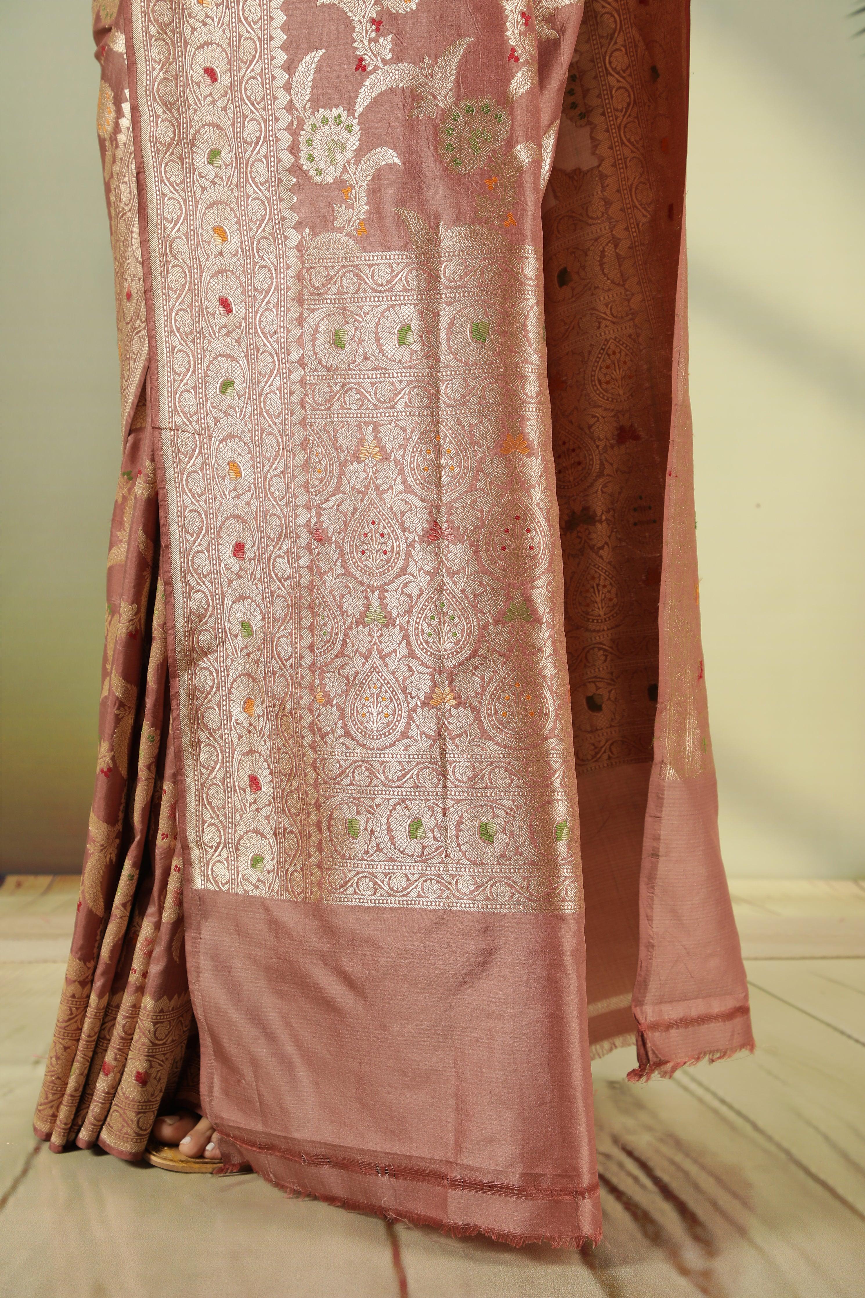 Chikko Banarasi Silk Saree with Meenakari Jaal & Zari Border - Mokshaa