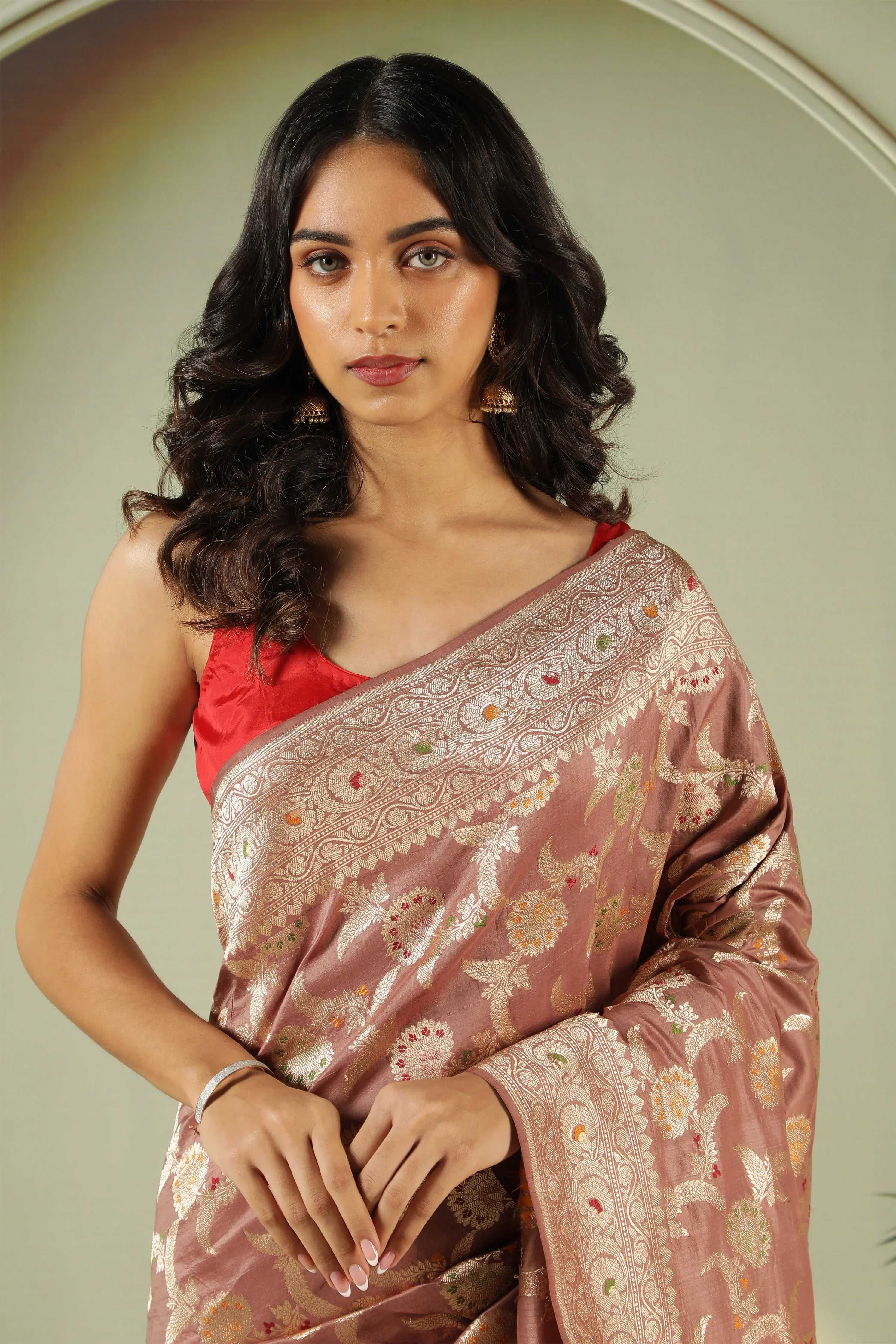 Chikko Banarasi Silk Saree with Meenakari Jaal & Zari Border - Mokshaa