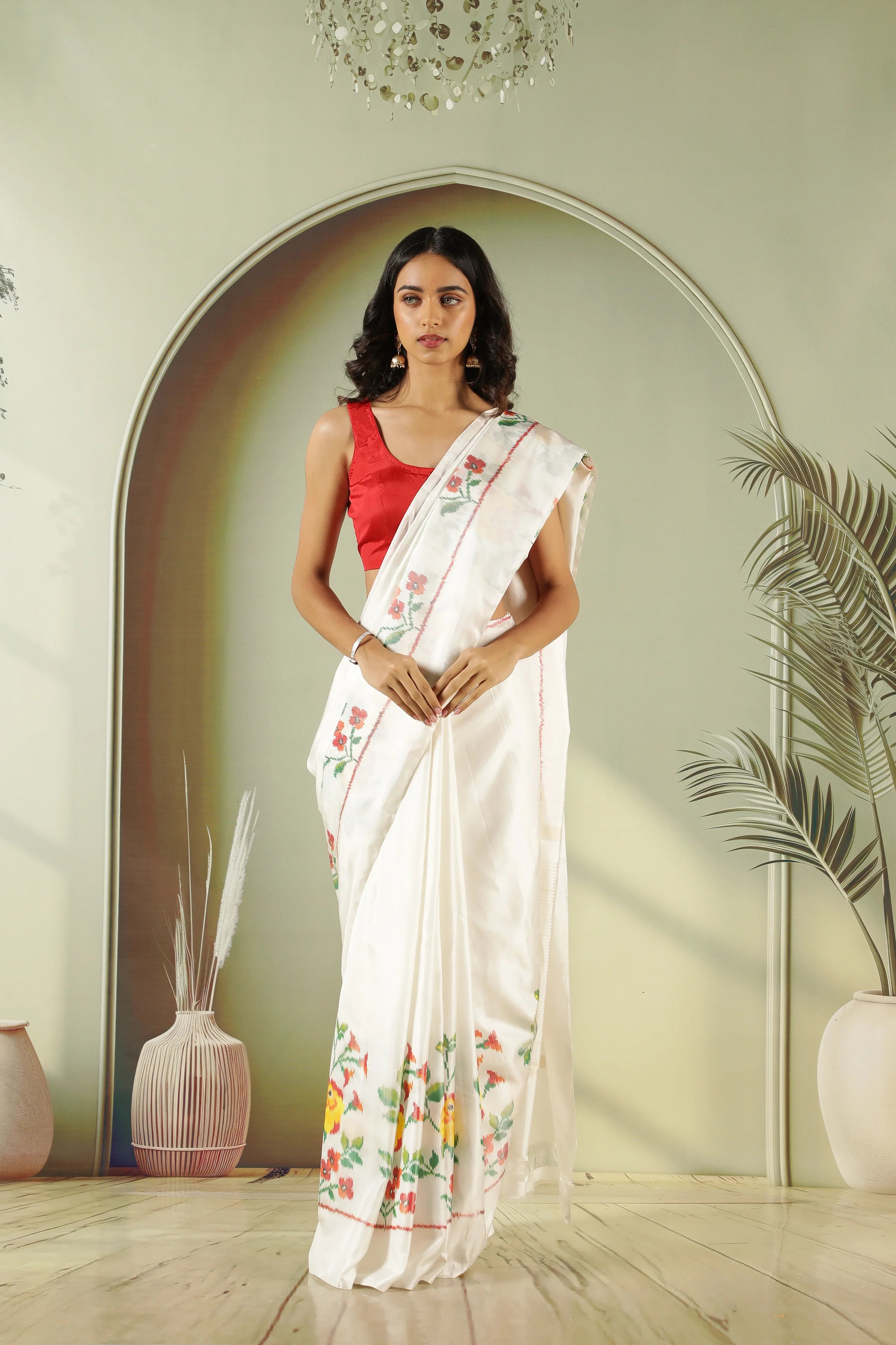 Off White Twill Silk Saree with Pattola Weaving - Mokshaa