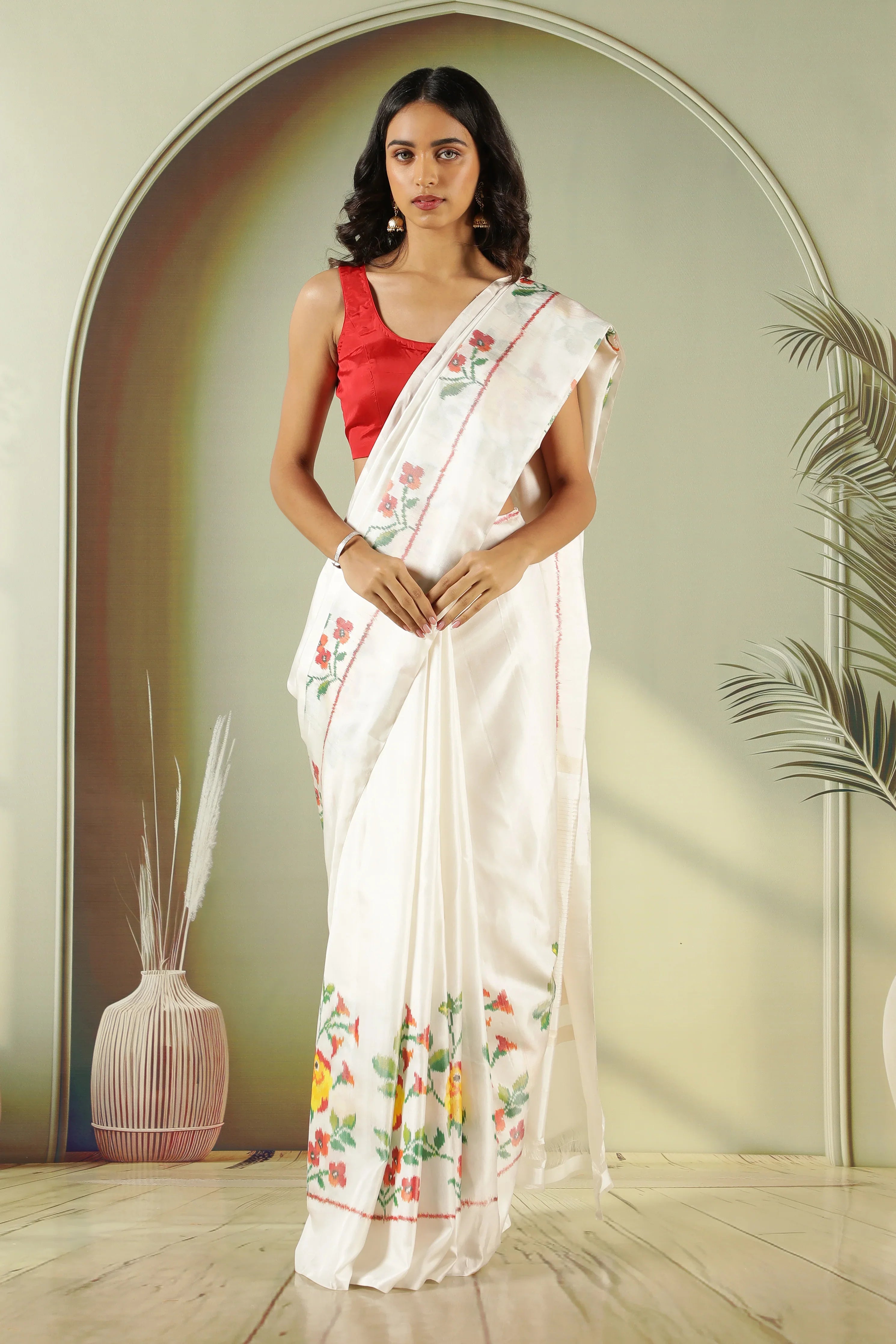 Off White Twill Silk Saree with Pattola Weaving - Mokshaa