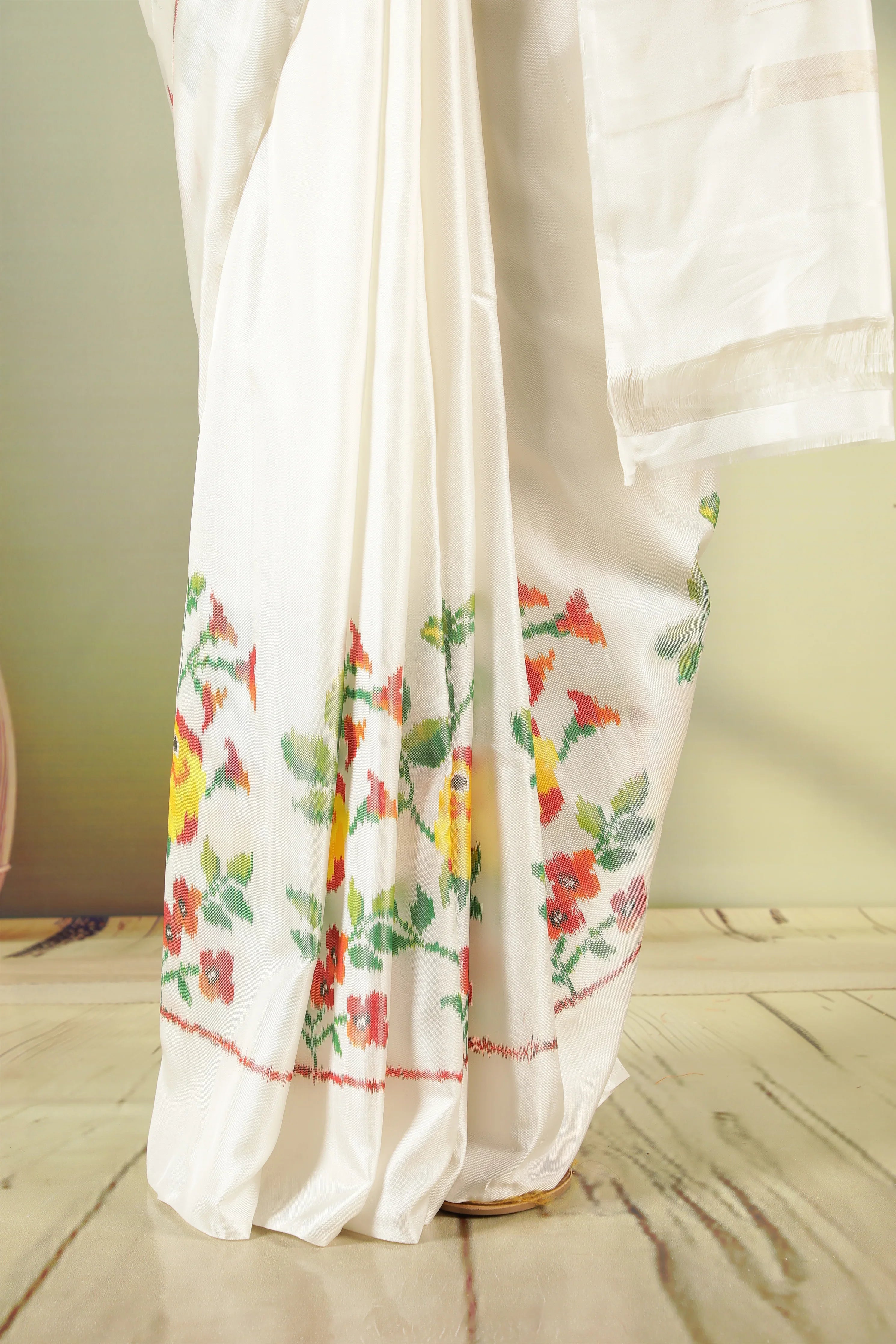 Off White Twill Silk Saree with Pattola Weaving - Mokshaa