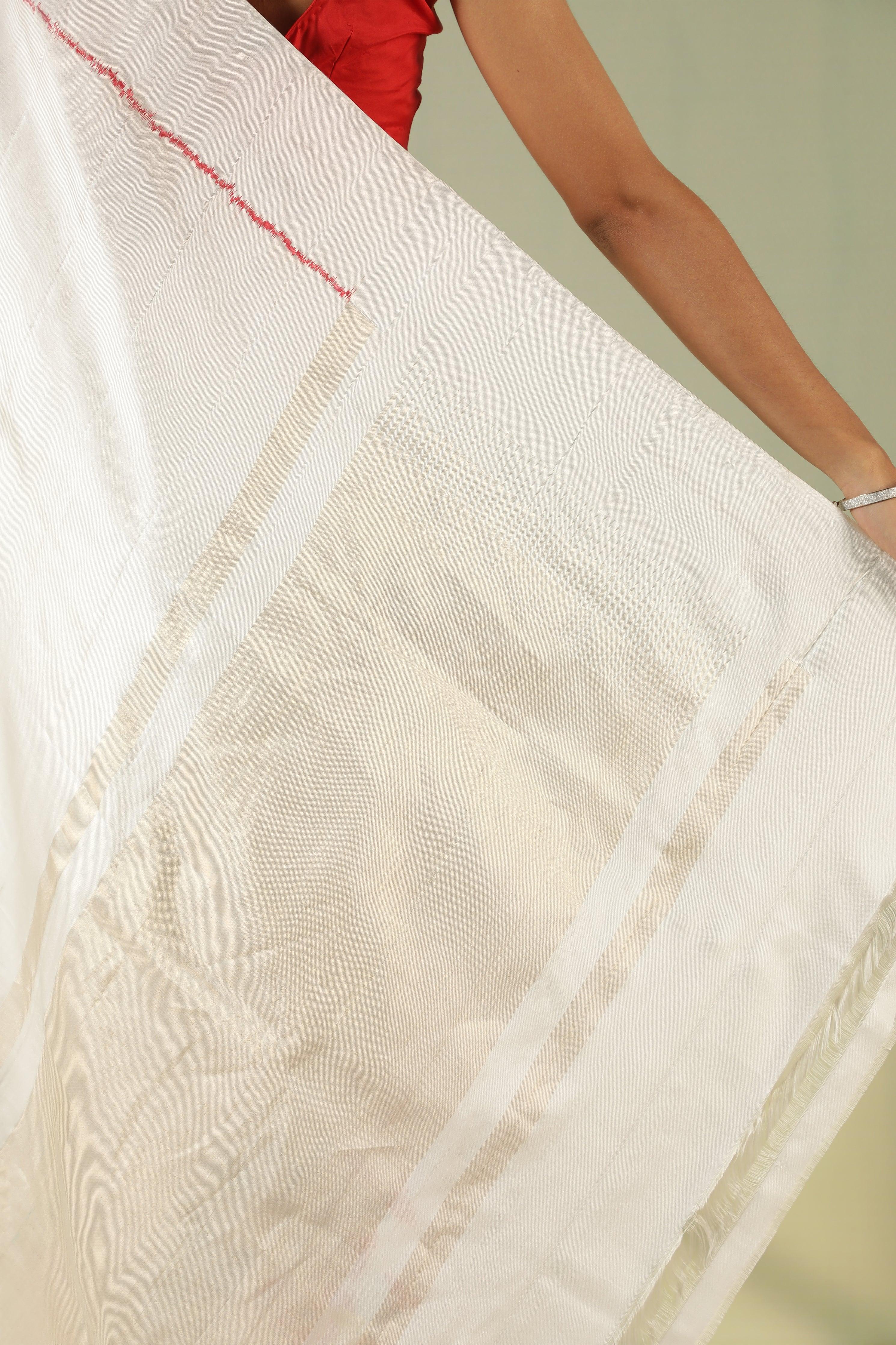 Off White Twill Silk Saree with Pattola Weaving - Mokshaa