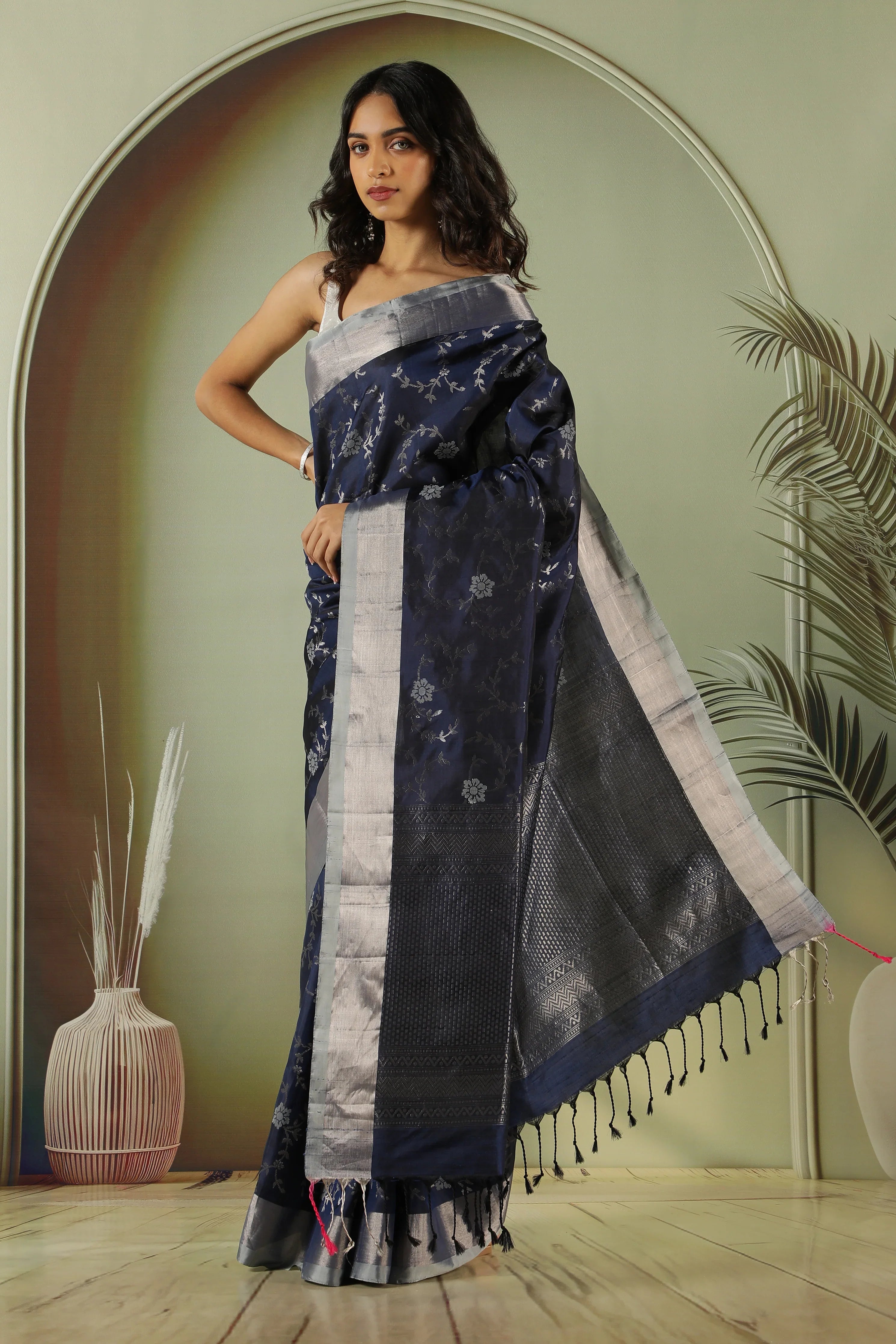 Midnight Blue Soft Silk Saree with Zari Jaal - Mokshaa