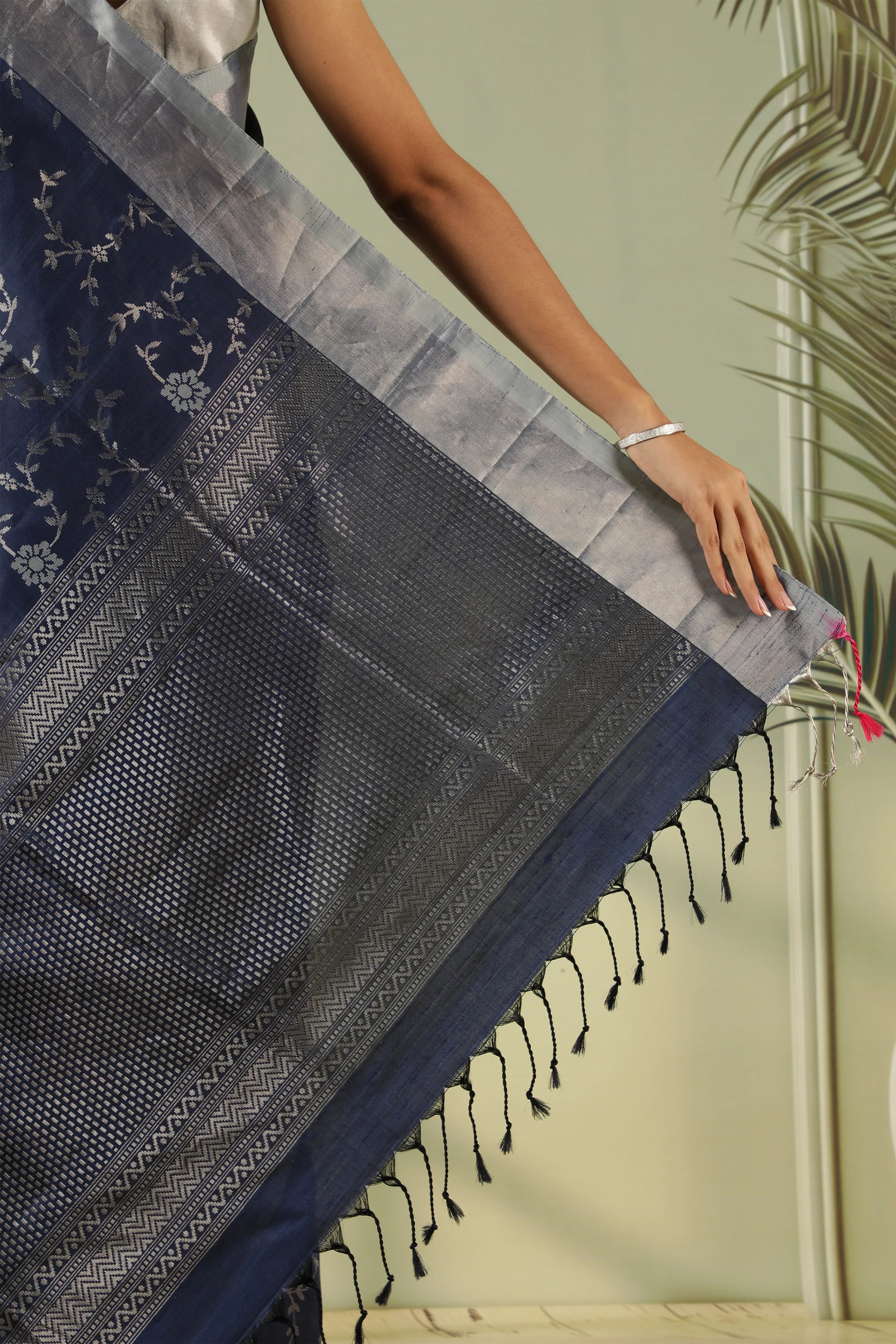 Midnight Blue Soft Silk Saree with Zari Jaal - Mokshaa