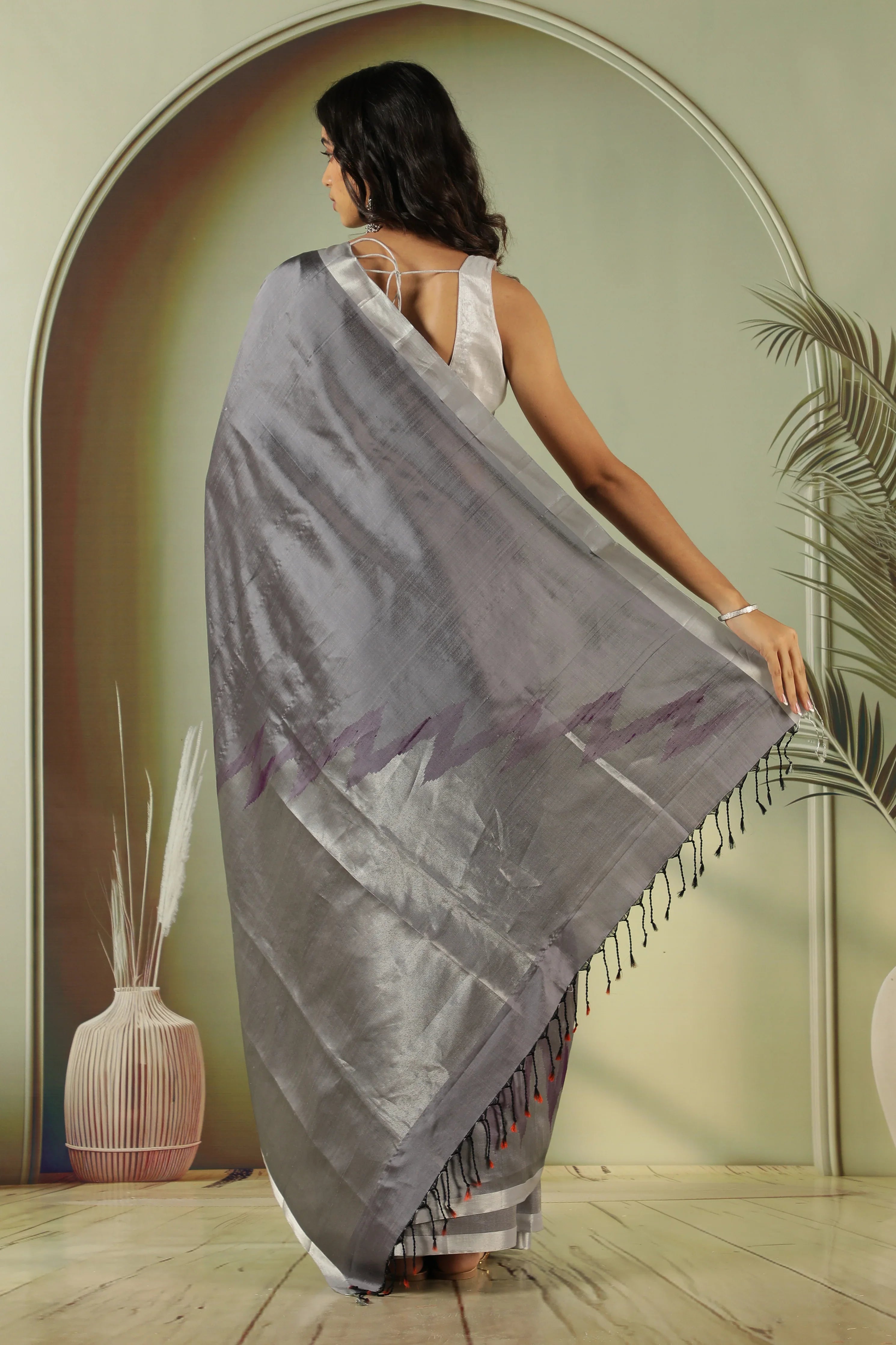 Grey Soft Silk Saree with Silver Zari & Thread Weaving and Self Blouse - Mokshaa