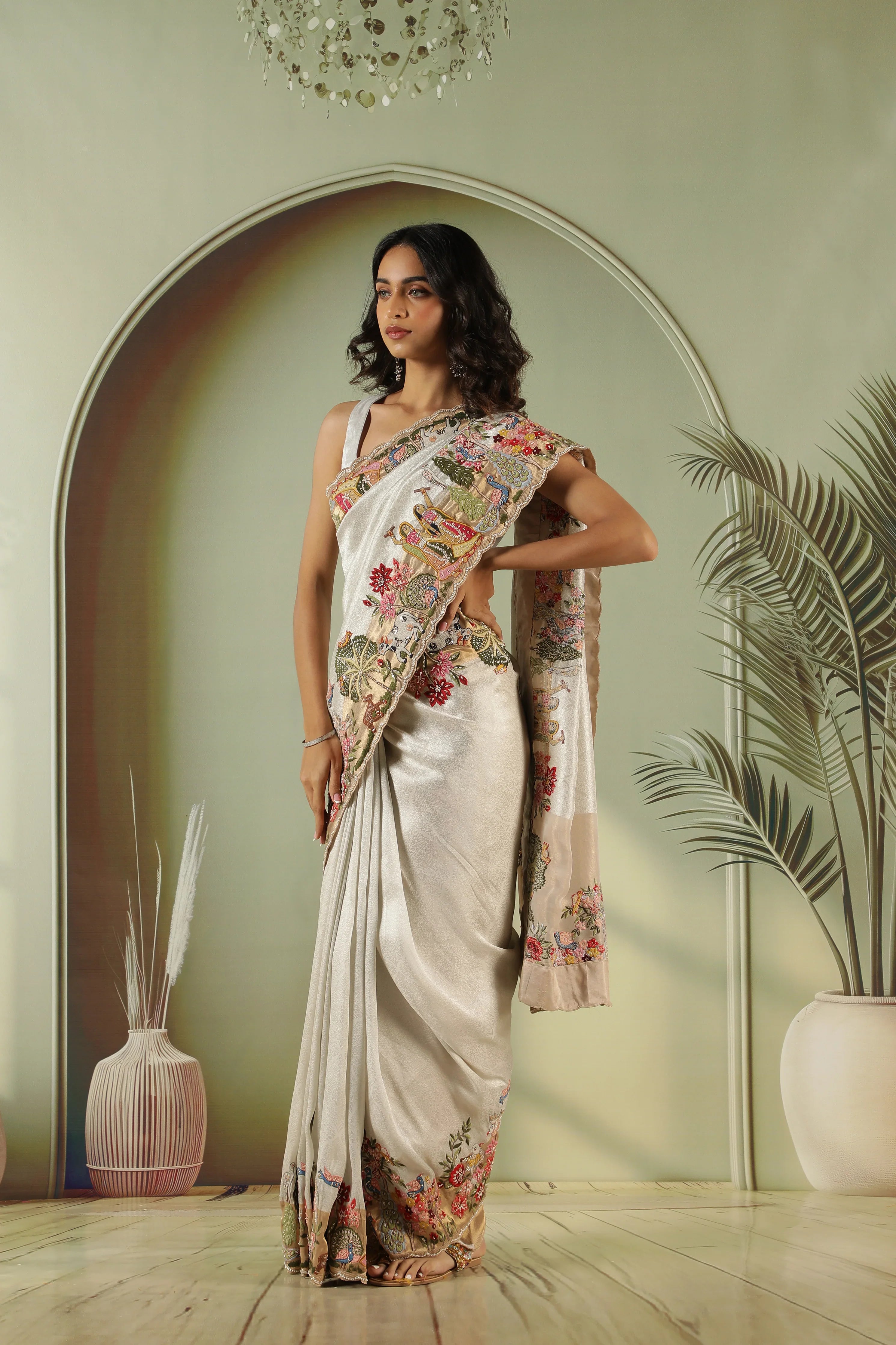 Silver Tissue Silk Saree with Multi-Color Embroidery Border & Gold Blouse - Mokshaa