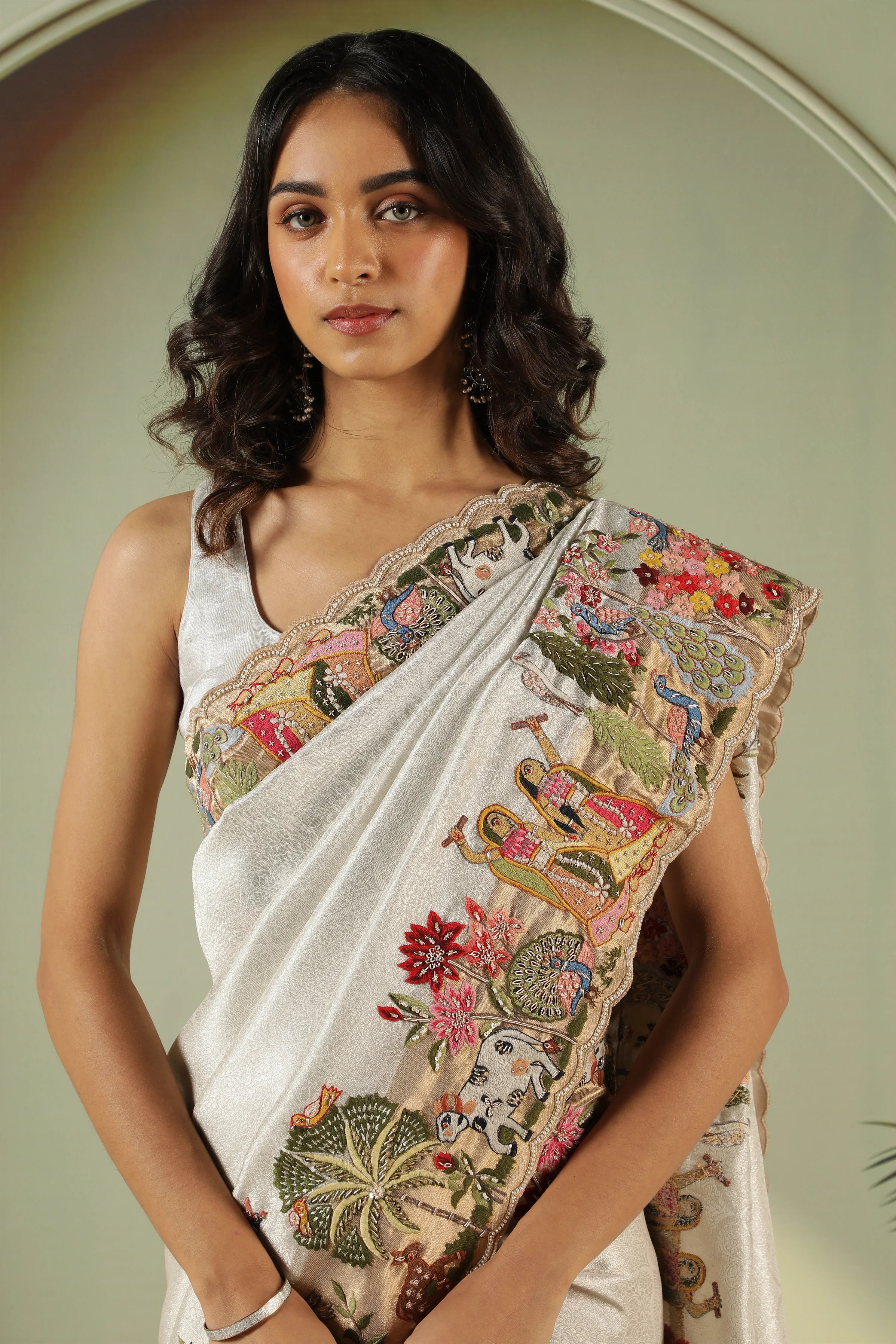 Silver Tissue Silk Saree with Multi-Color Embroidery Border & Gold Blouse - Mokshaa