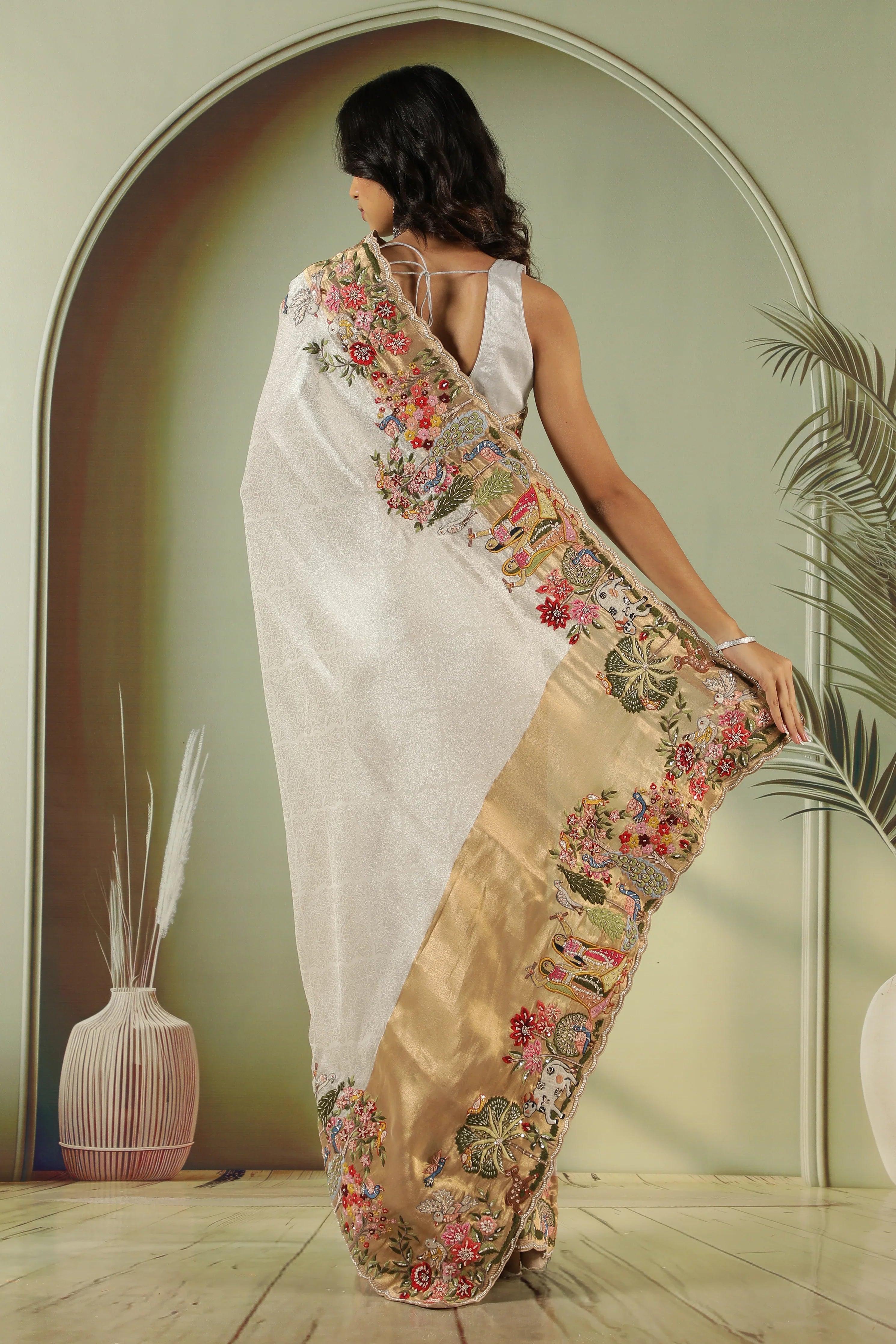 Silver Tissue Silk Saree with Multi-Color Embroidery Border & Gold Blouse - Mokshaa