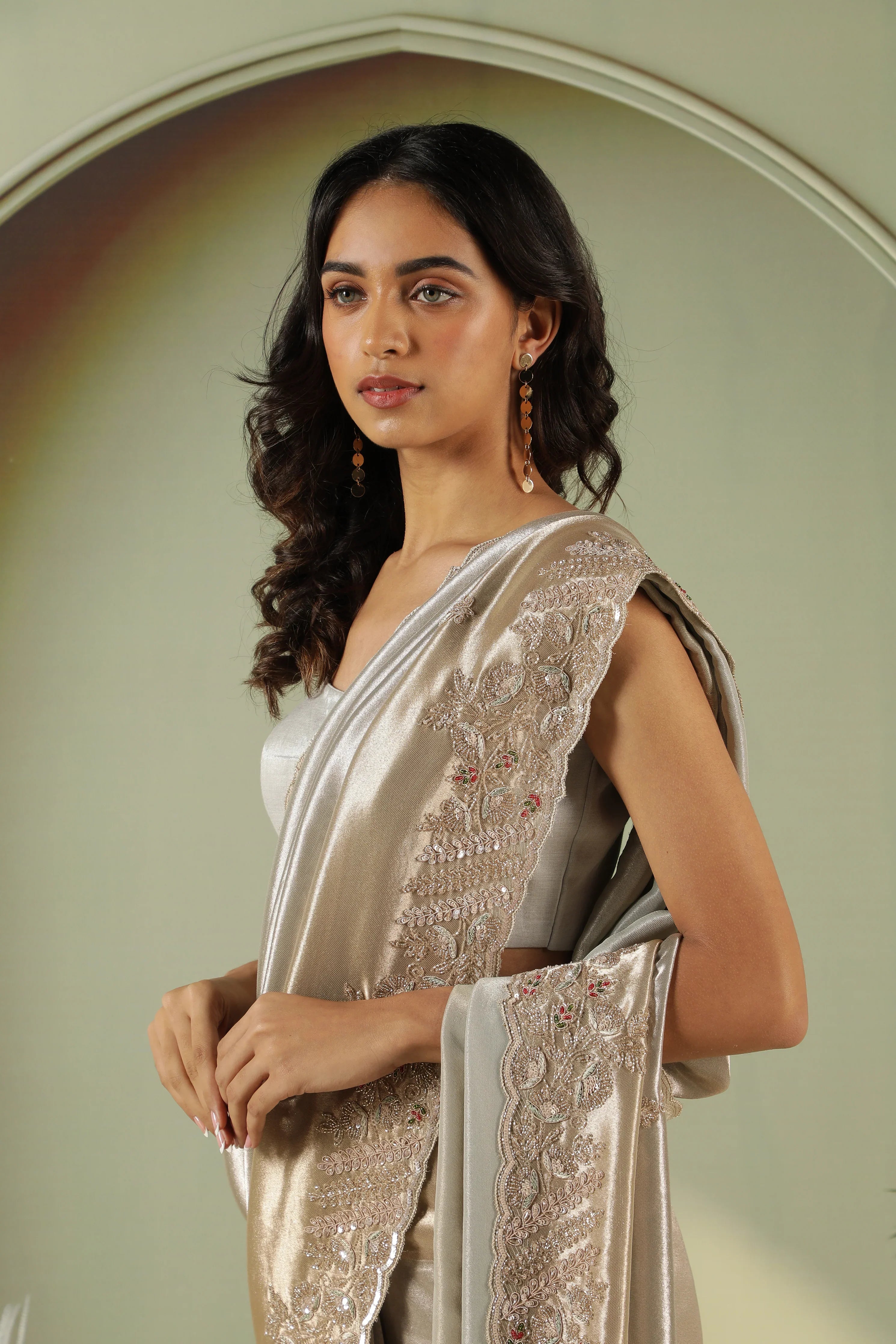 Silverish Grey Tissue Saree with Sequin & Bead Border - Mokshaa