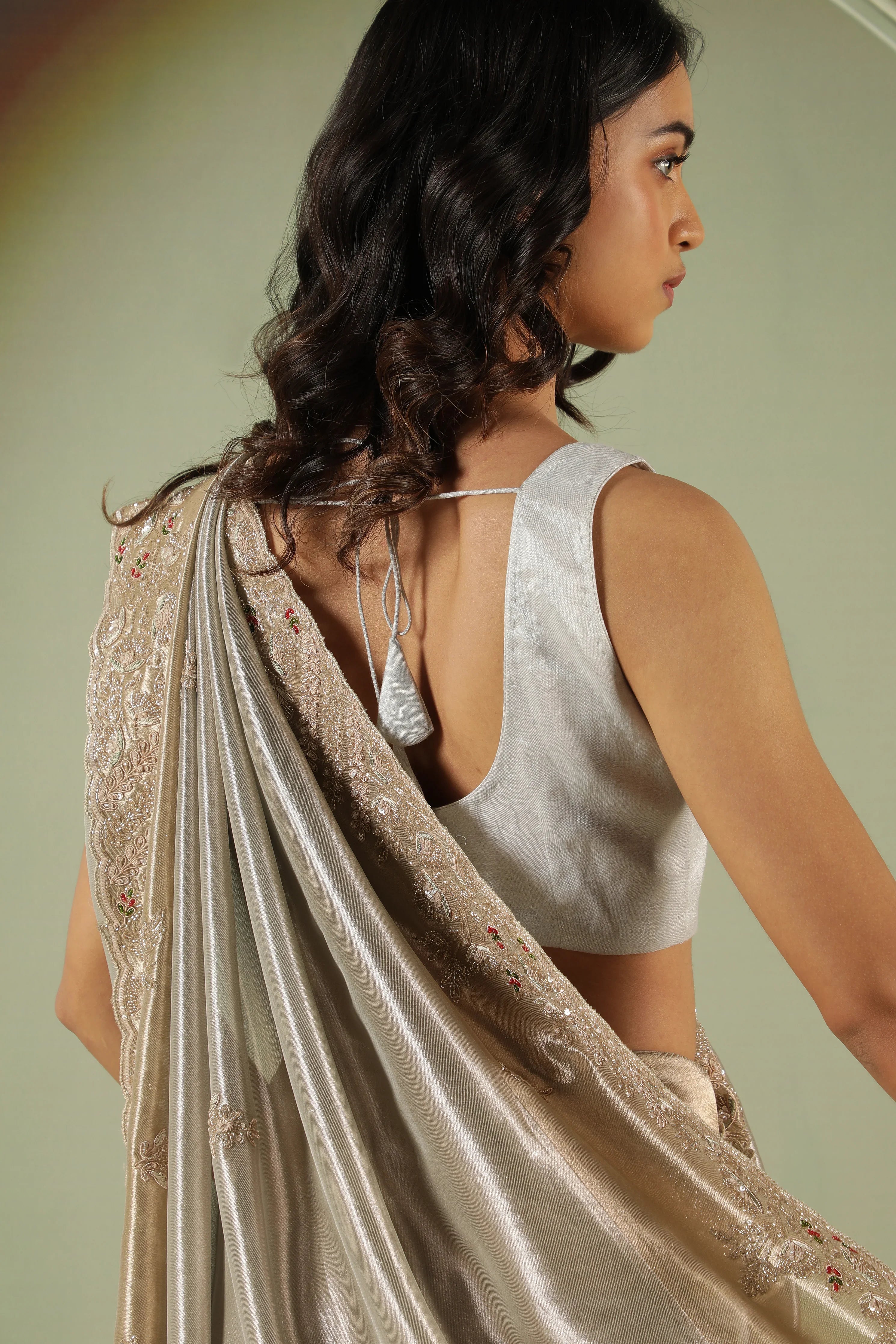 Silverish Grey Tissue Saree with Sequin & Bead Border - Mokshaa