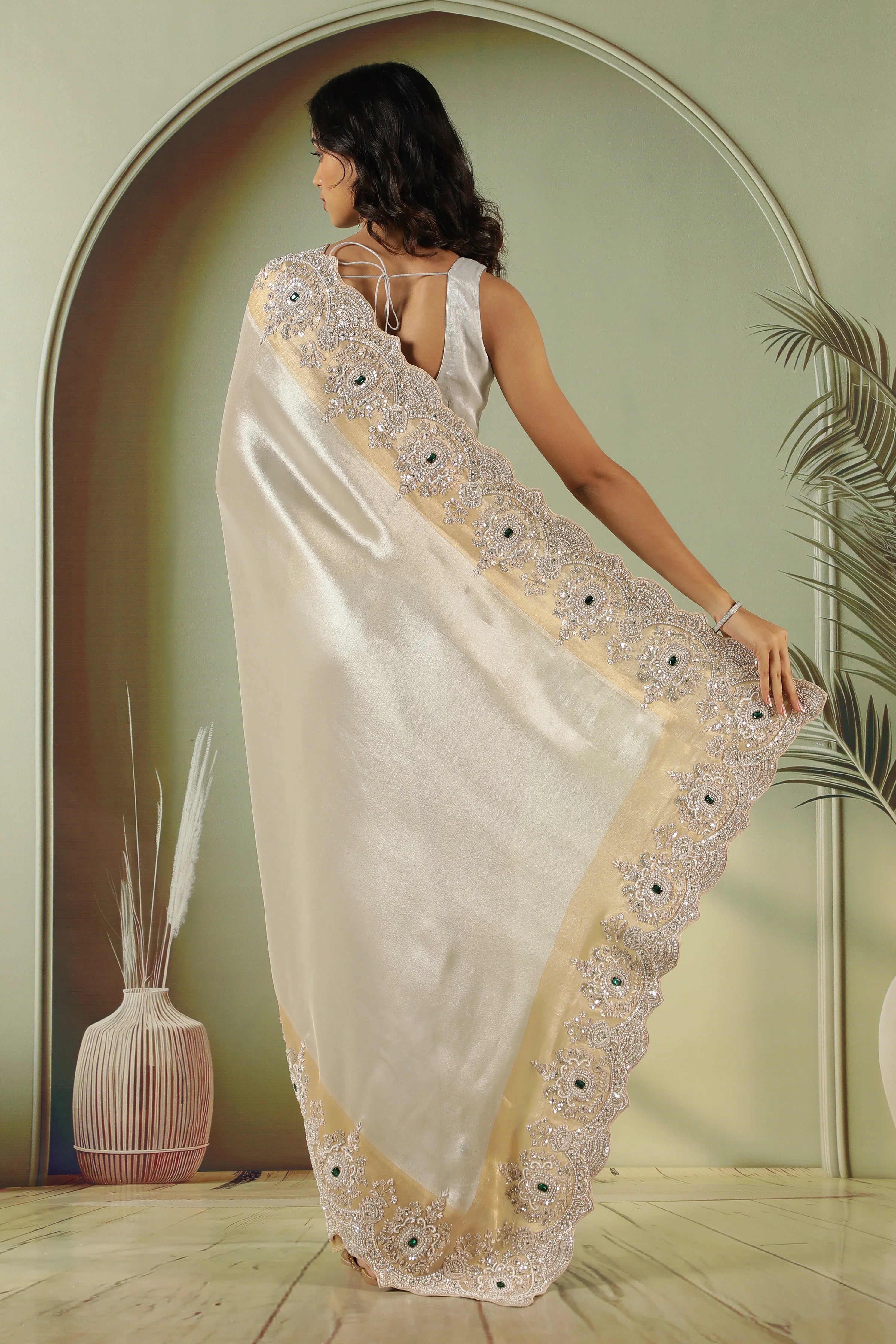 Silver Tissue Saree with Pearl & Sequin Work Border - Mokshaa