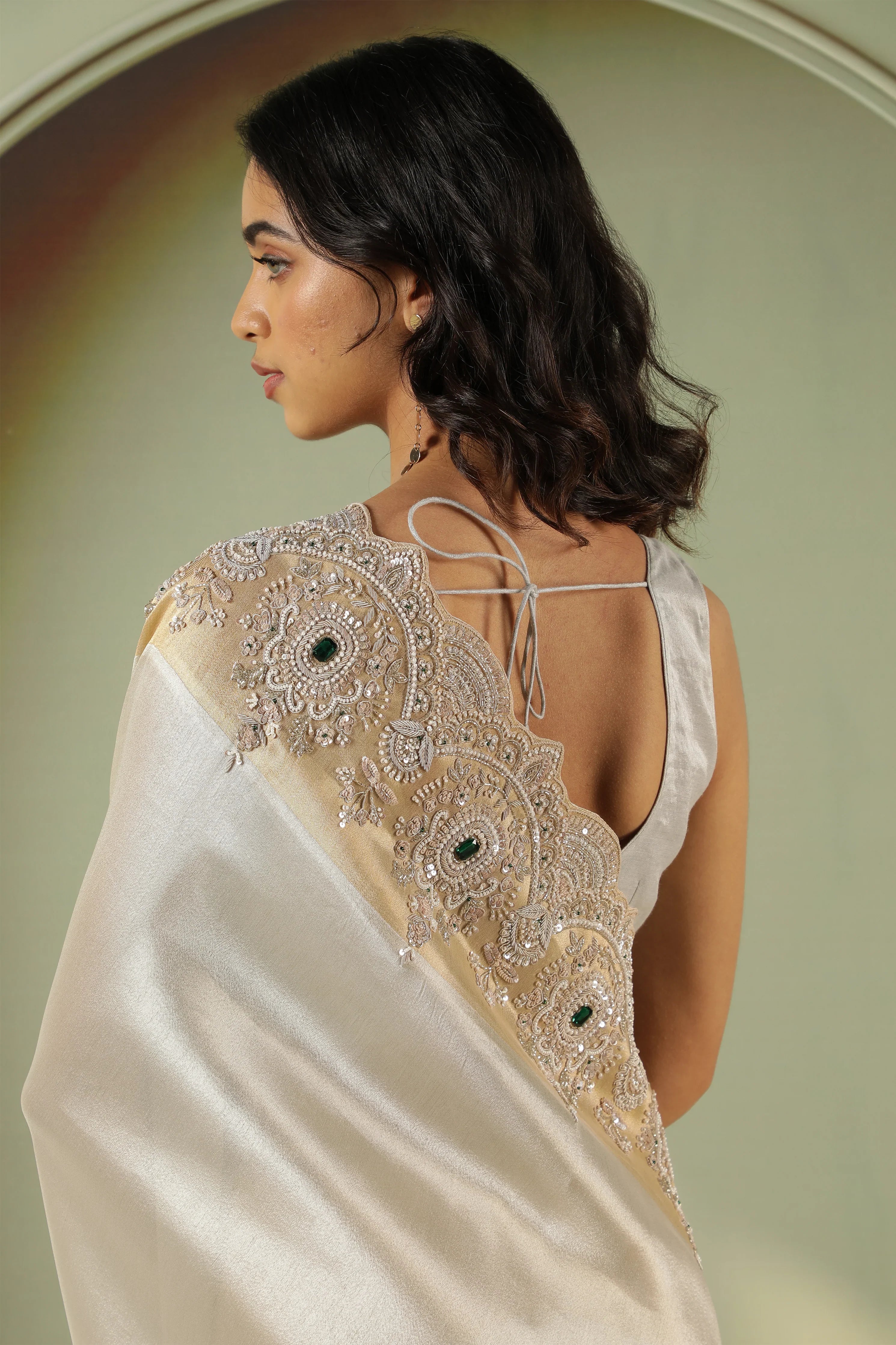 Silver Tissue Saree with Pearl & Sequin Work Border - Mokshaa