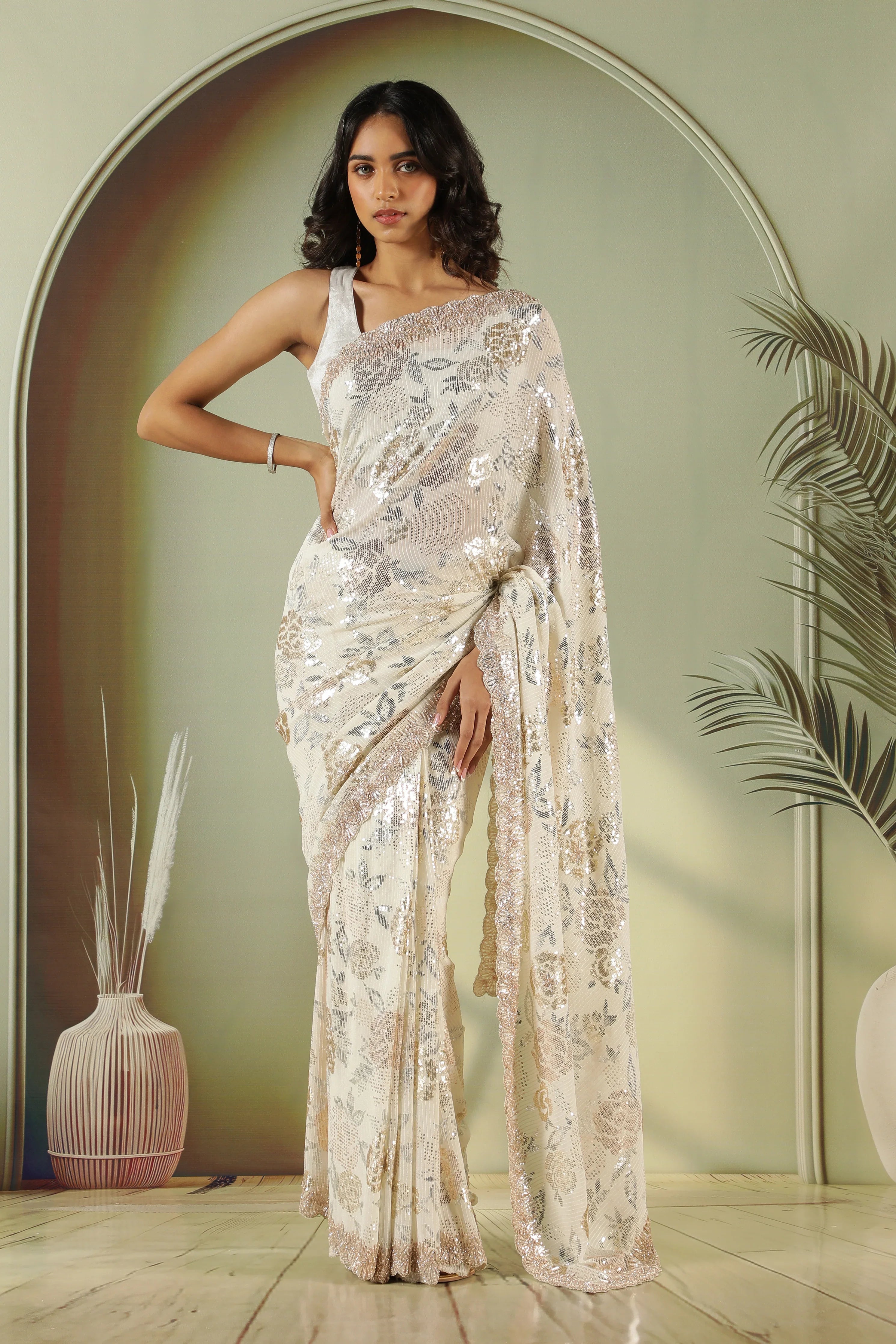 Off White Georgette Saree with Gold & Silver Sequin Jaal - Mokshaa