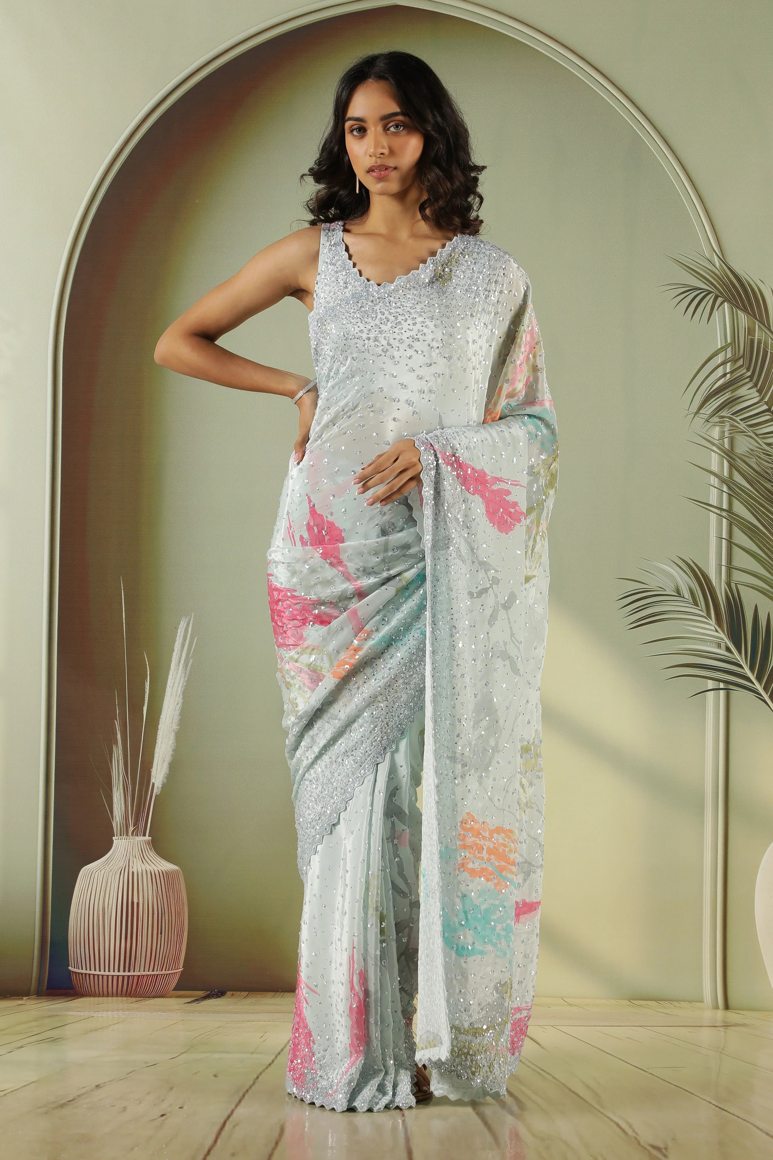 Sea Blue Satin Saree with Sequin Embellishment - Mokshaa