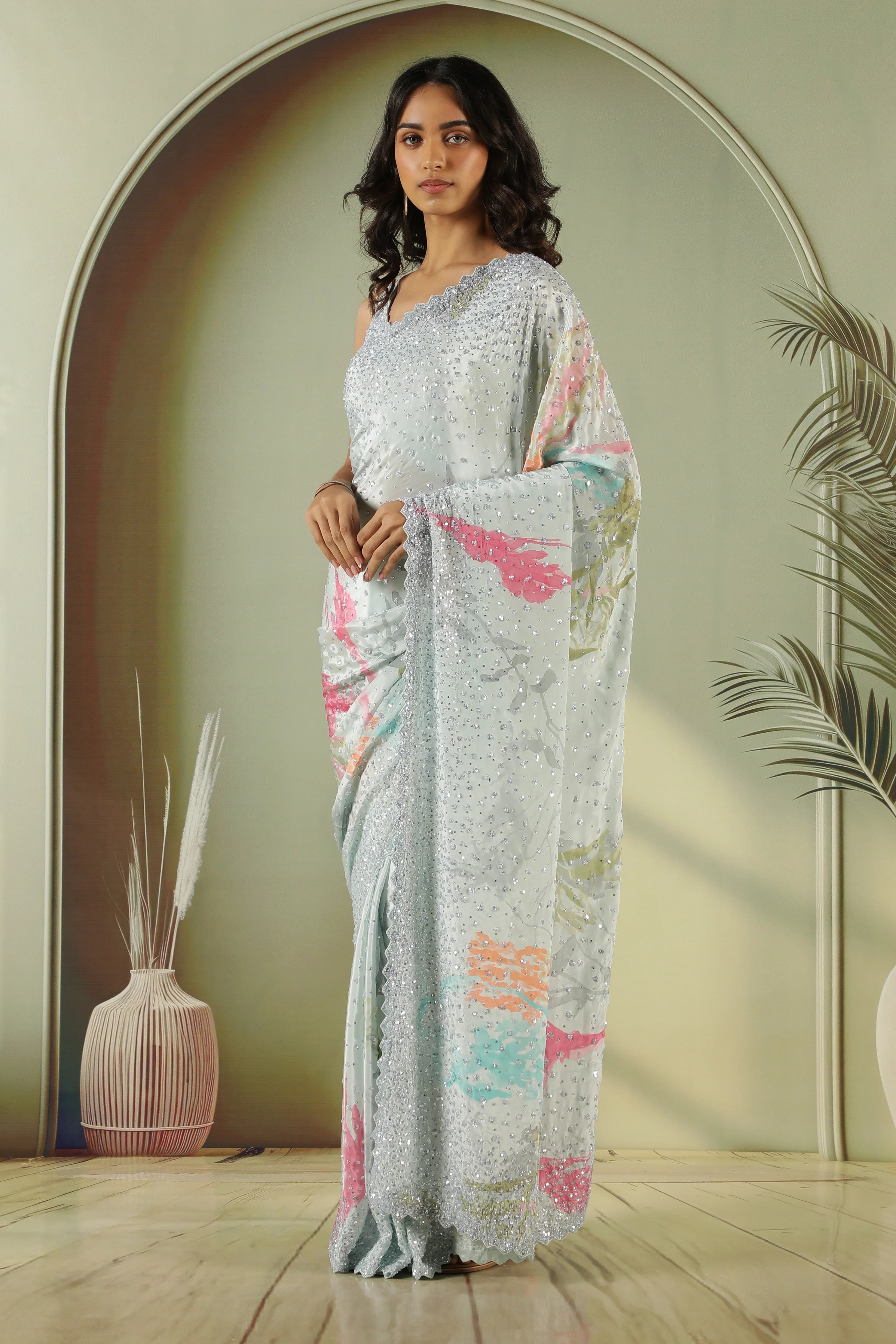 Sea Blue Satin Saree with Sequin Embellishment - Mokshaa
