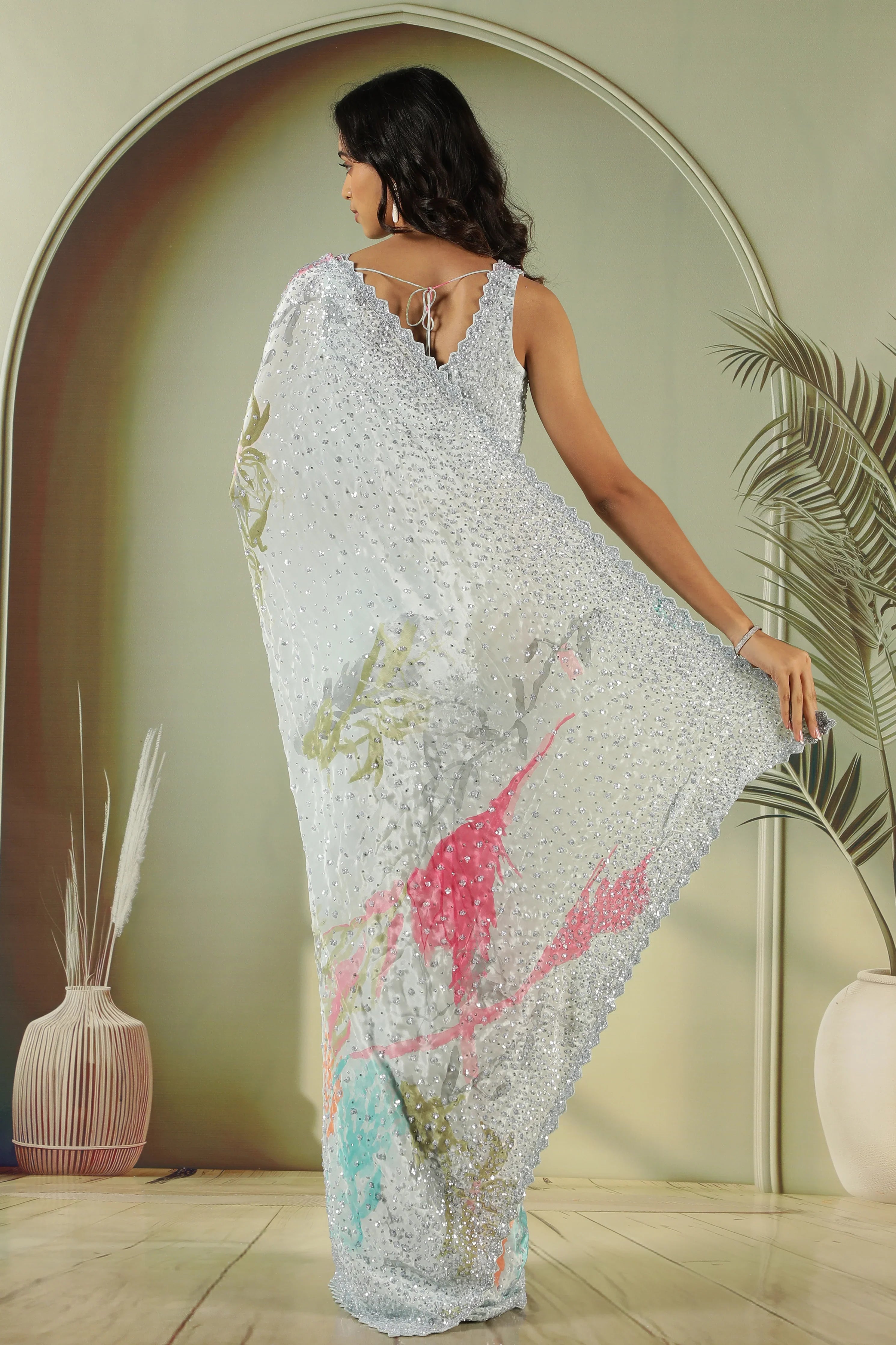 Sea Blue Satin Saree with Sequin Embellishment - Mokshaa
