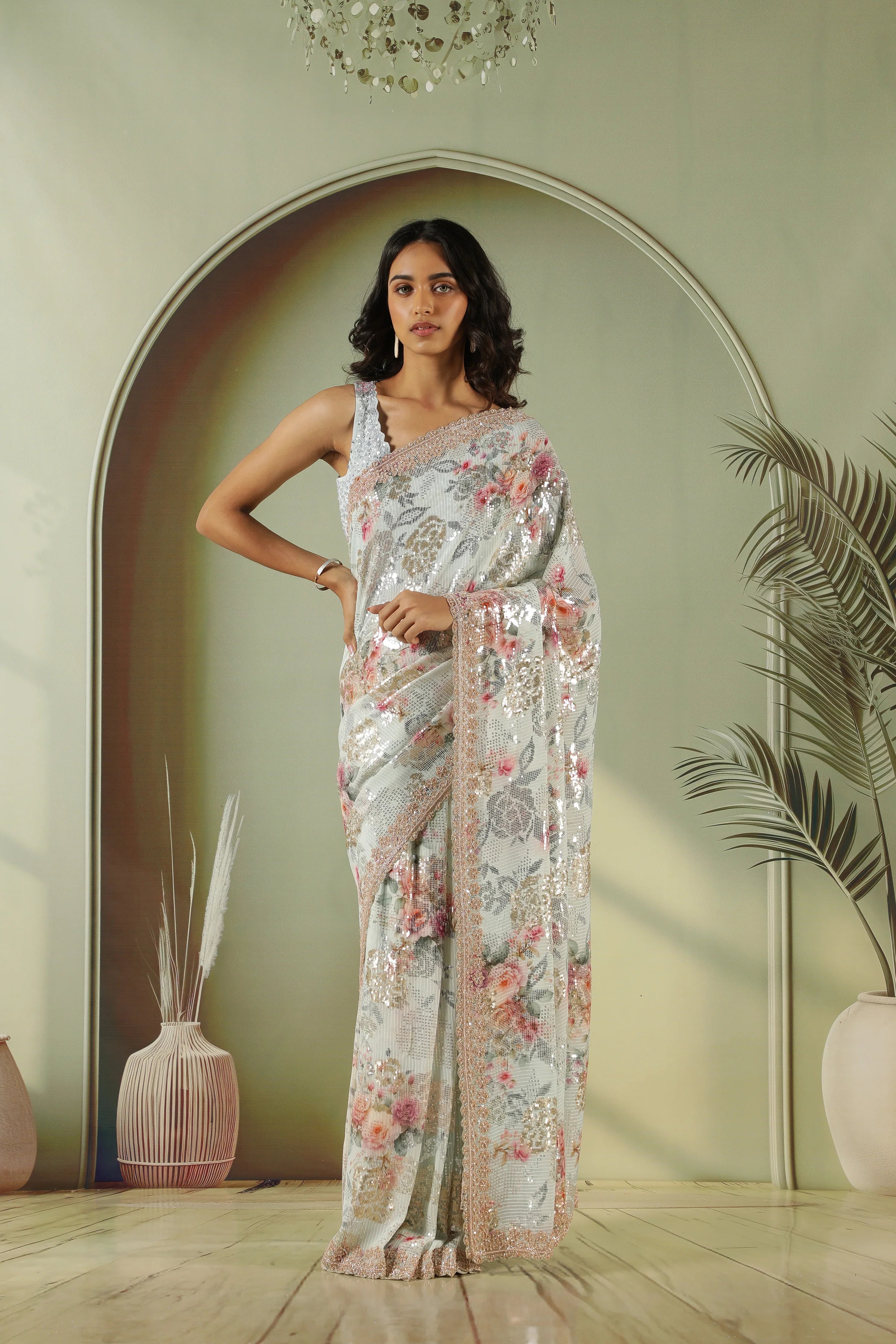Sea Blue Georgette Saree with Gold & Silver Sequins - Mokshaa