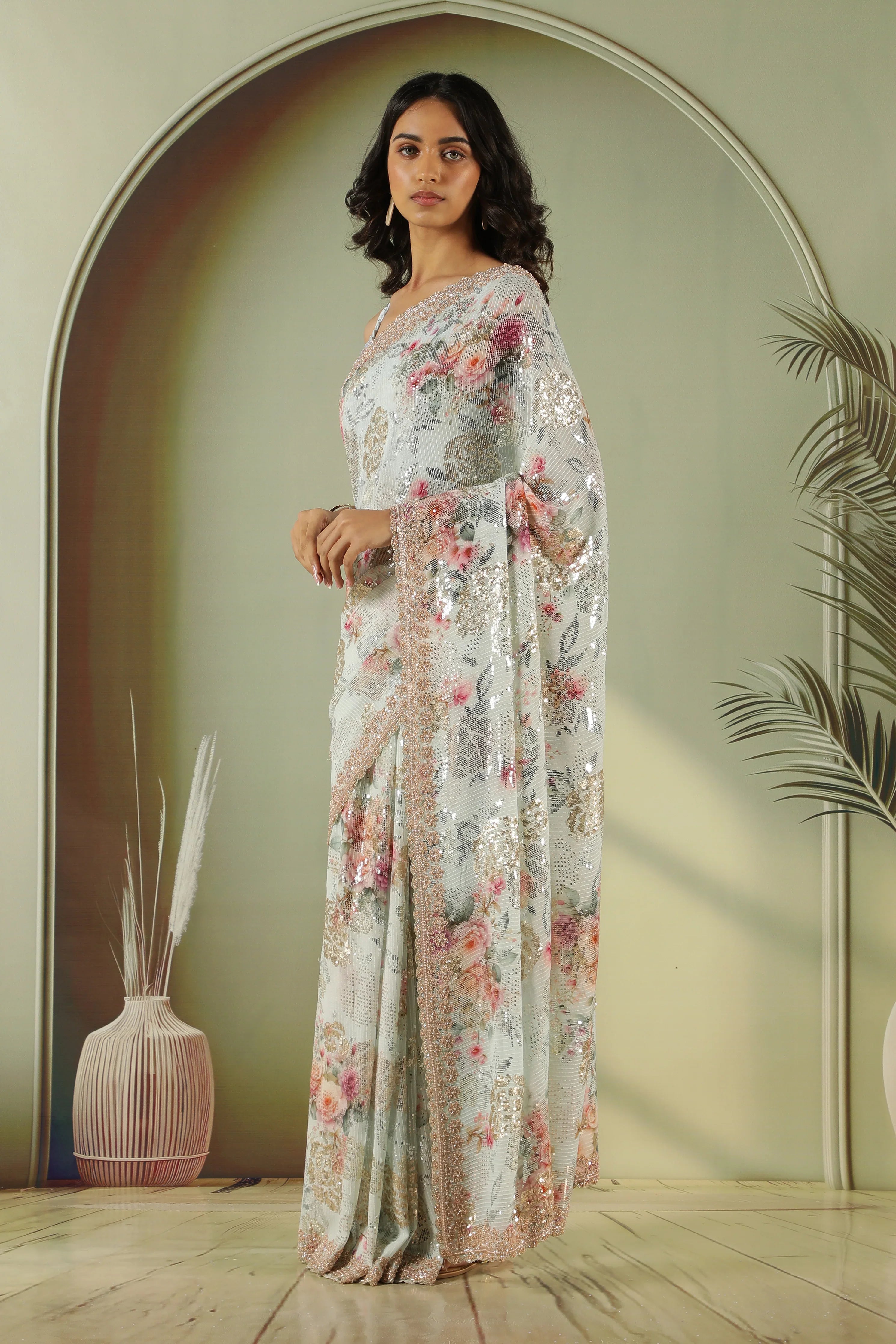 Sea Blue Georgette Saree with Gold & Silver Sequins - Mokshaa