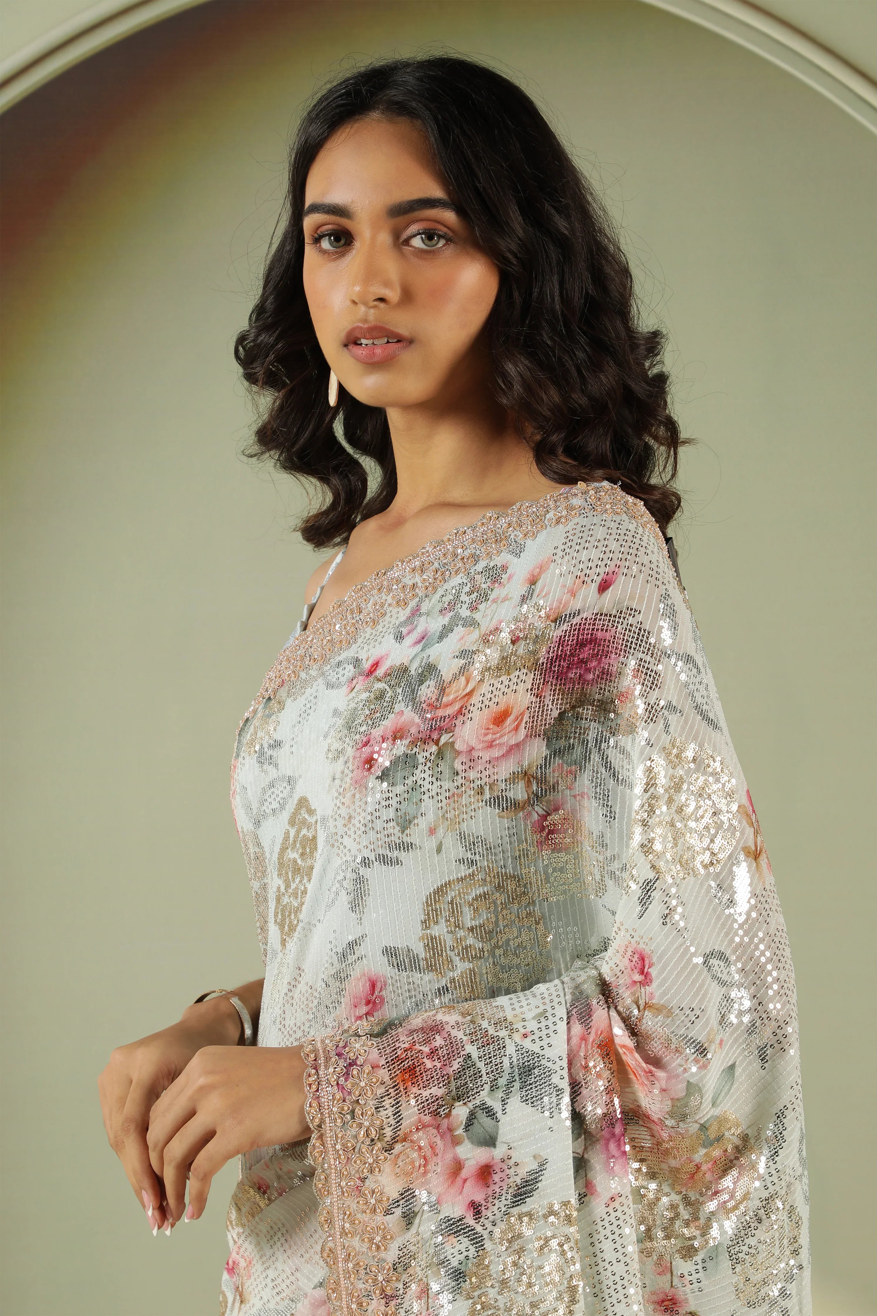 Sea Blue Georgette Saree with Gold & Silver Sequins - Mokshaa