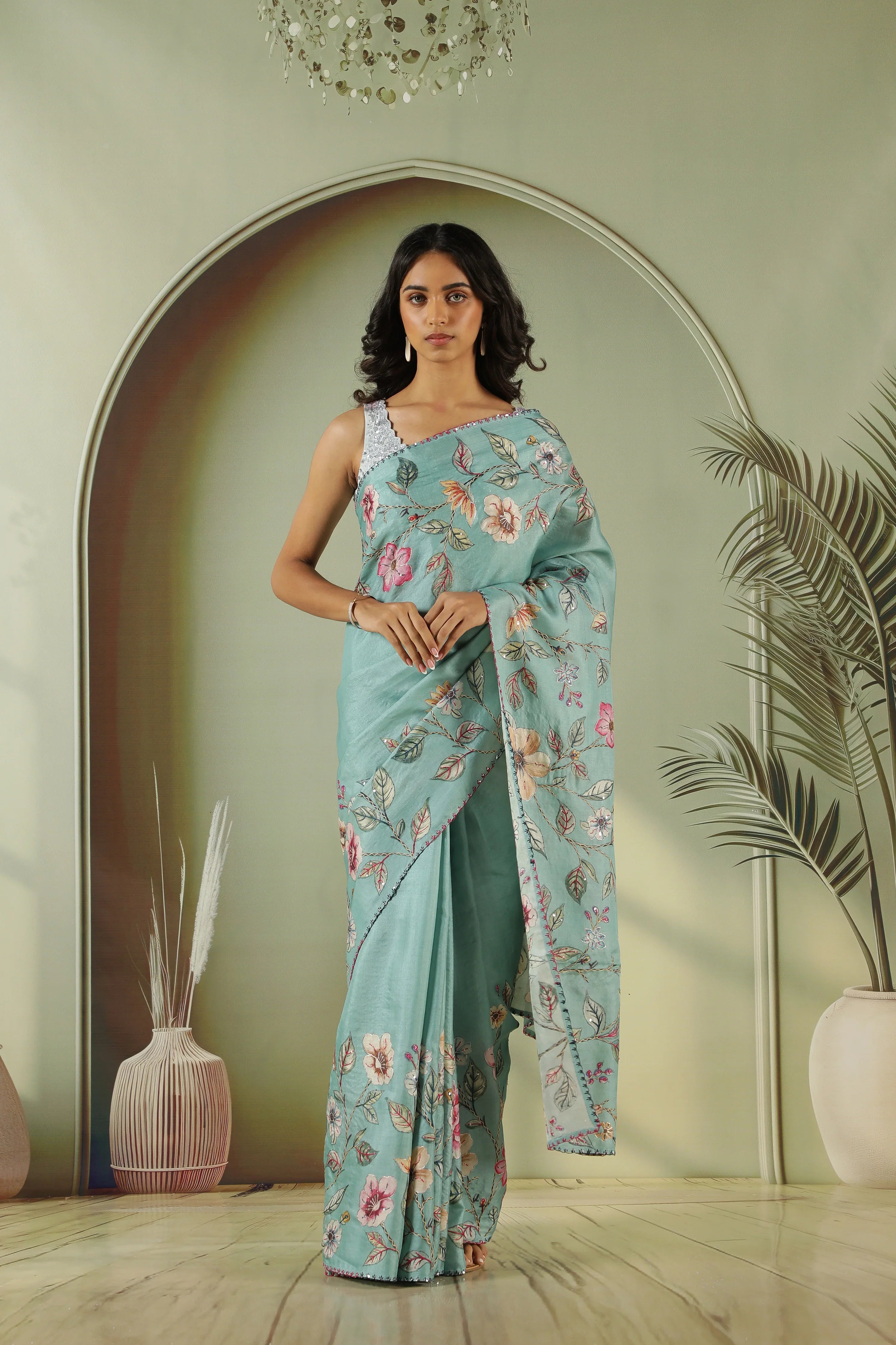 Sky Blue Tussar Silk Saree with Embroidery & Zari Work - Mokshaa