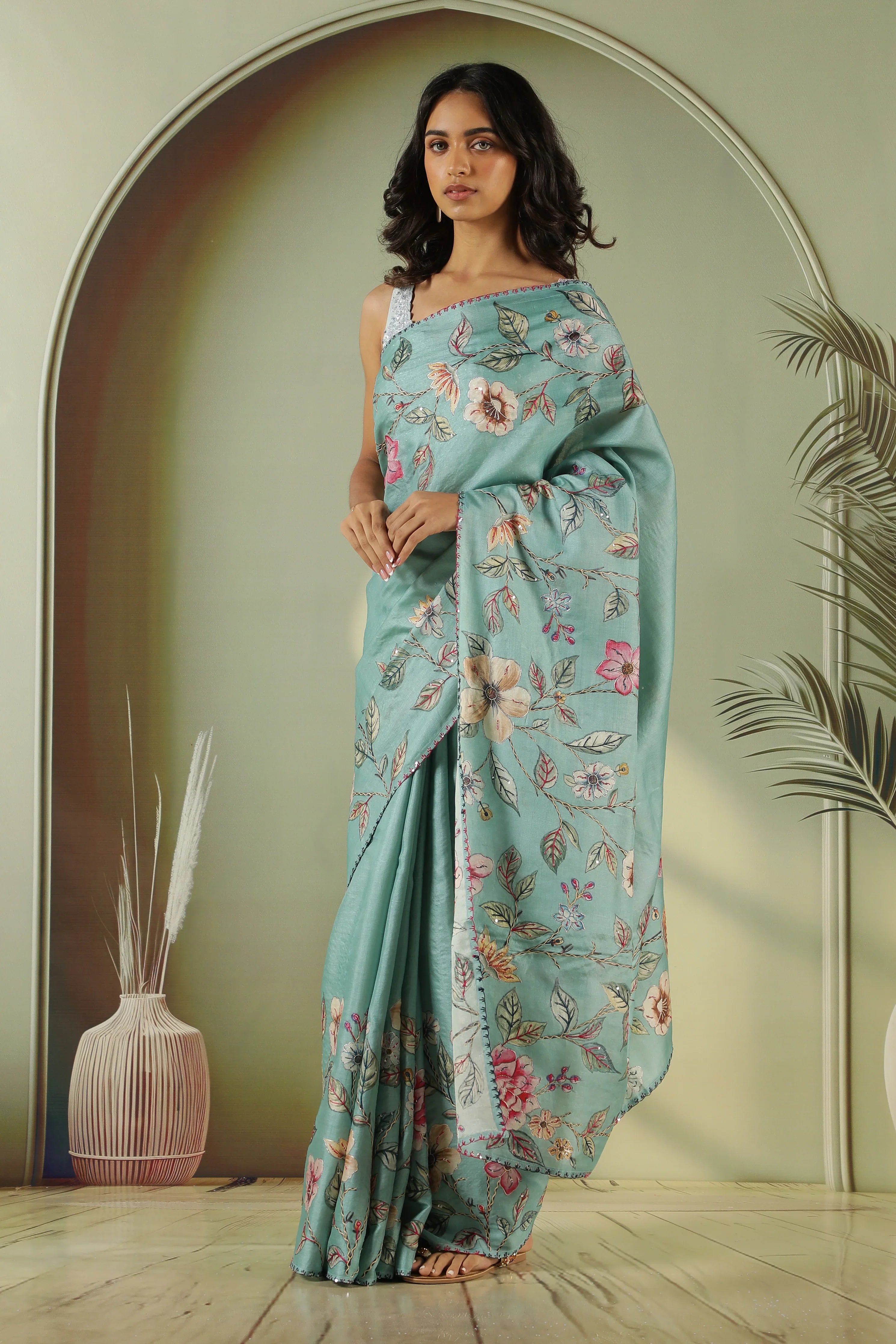 Sky Blue Tussar Silk Saree with Embroidery & Zari Work - Mokshaa