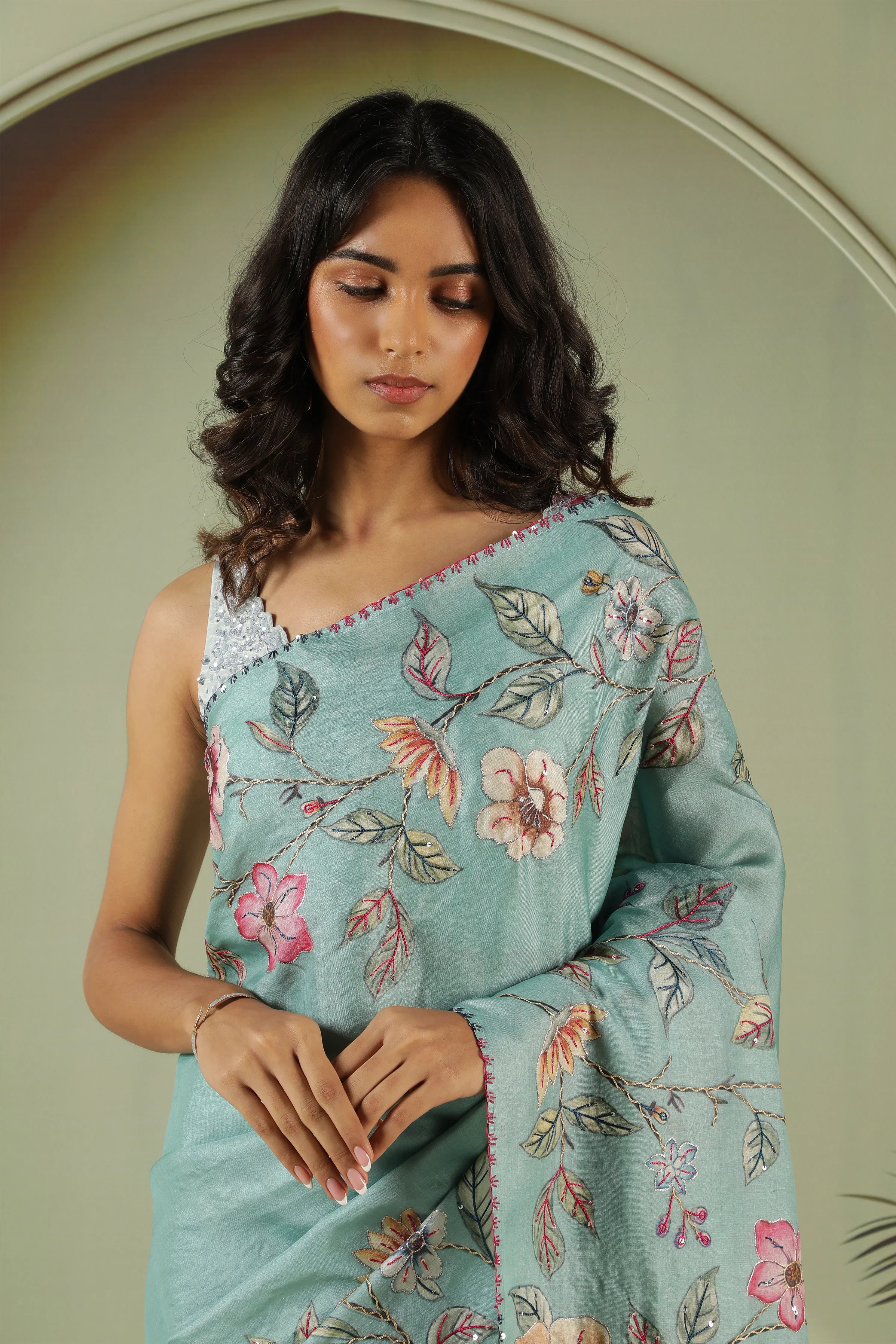 Sky Blue Tussar Silk Saree with Embroidery & Zari Work - Mokshaa