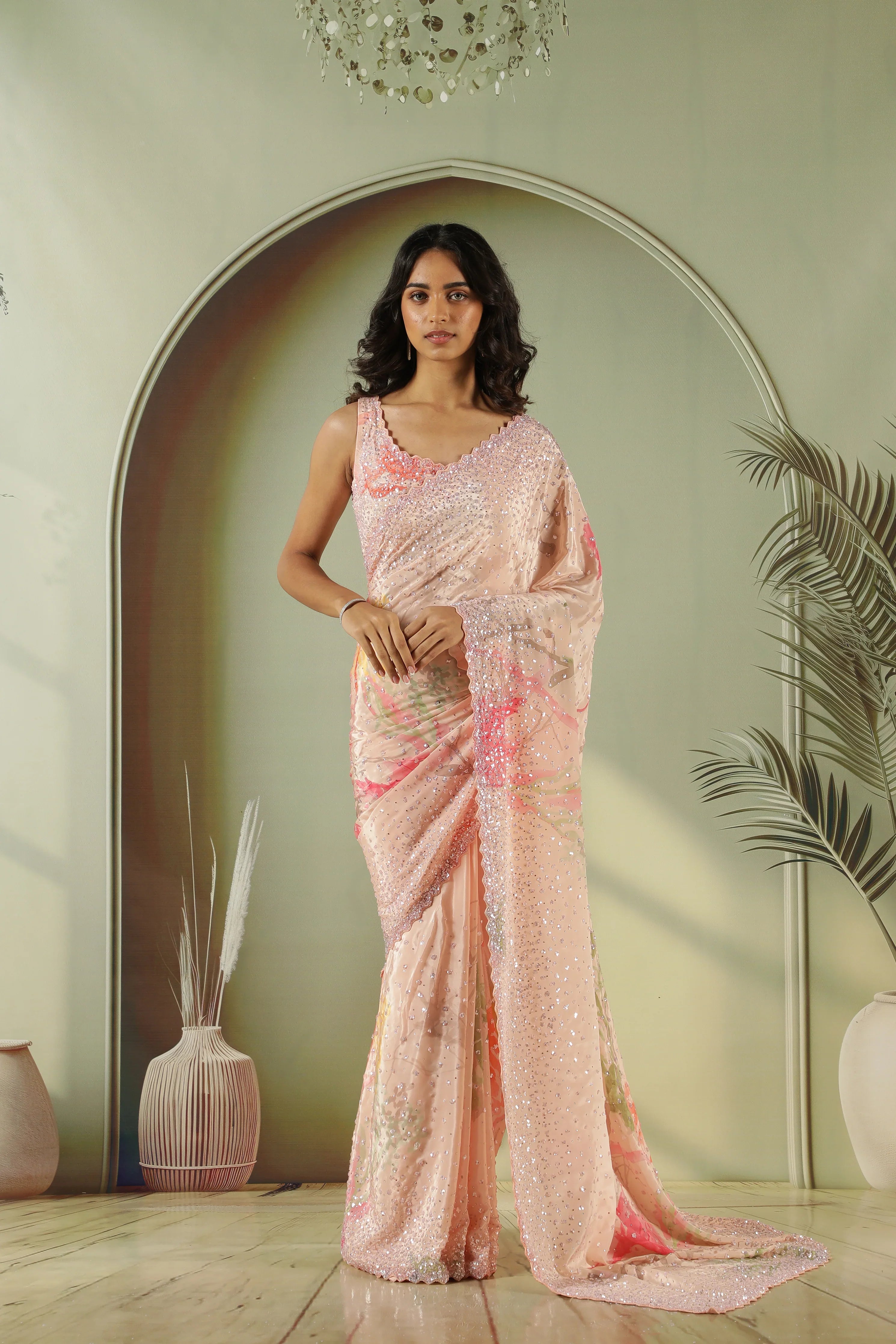Peach Satin Printed Saree with Sequins Work & Readymade Blouse - Mokshaa