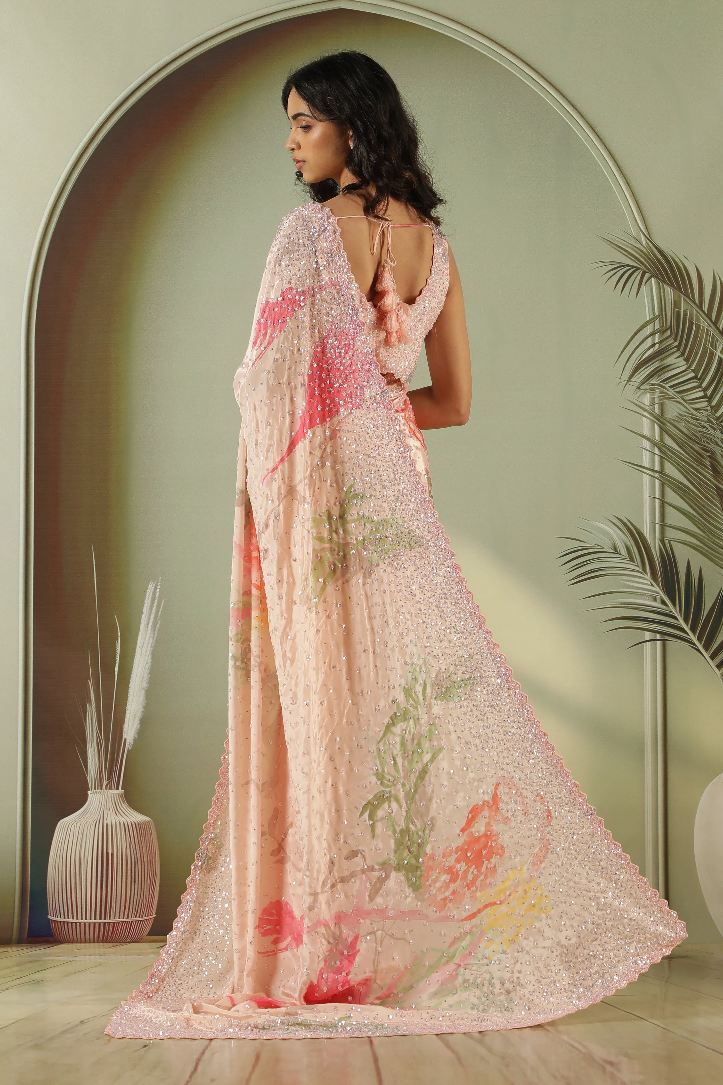 Peach Satin Printed Saree with Sequins Work & Readymade Blouse - Mokshaa