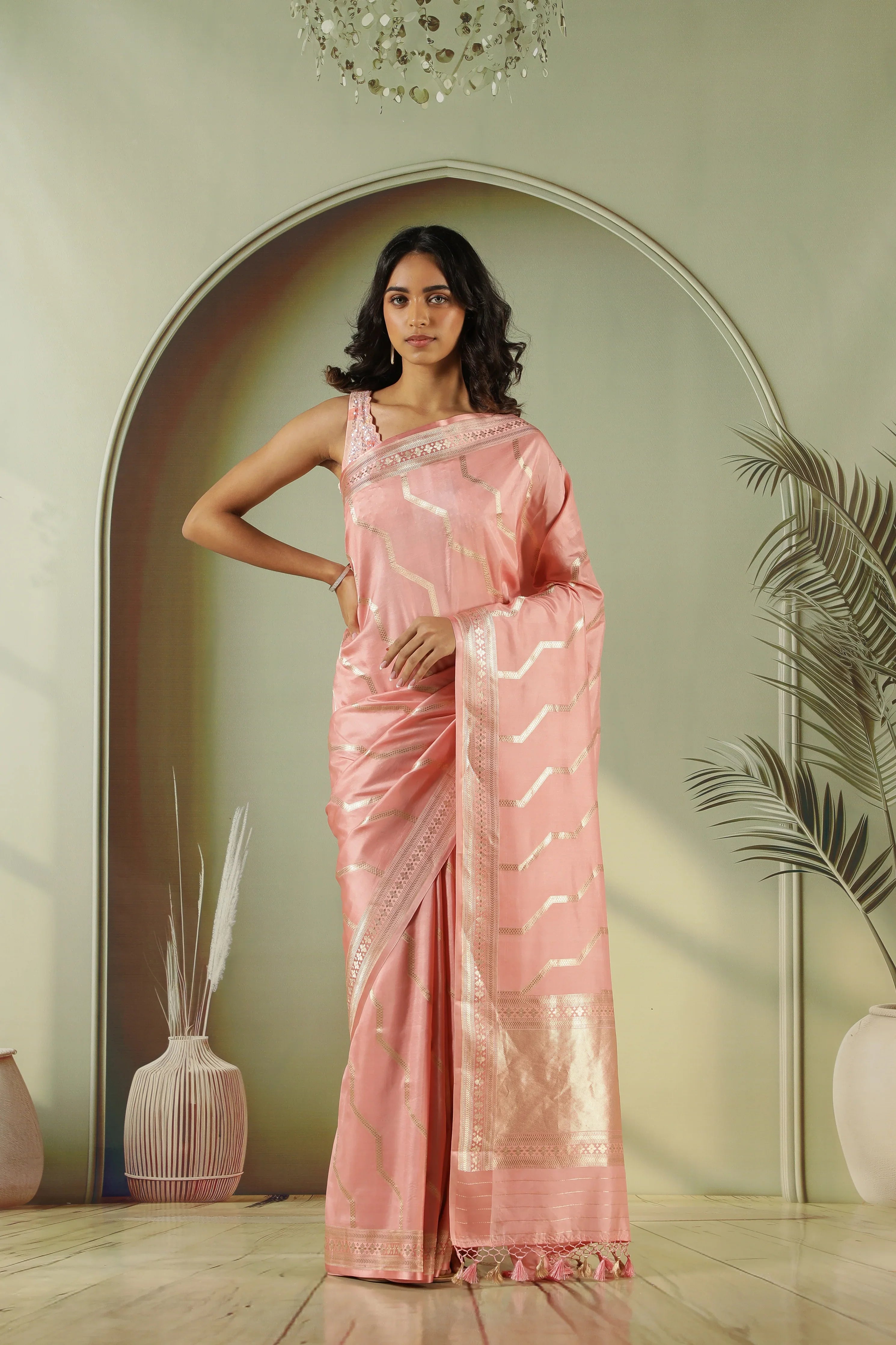 Peach Banarasi Silk Saree with Zari Stripes & Border - Mokshaa