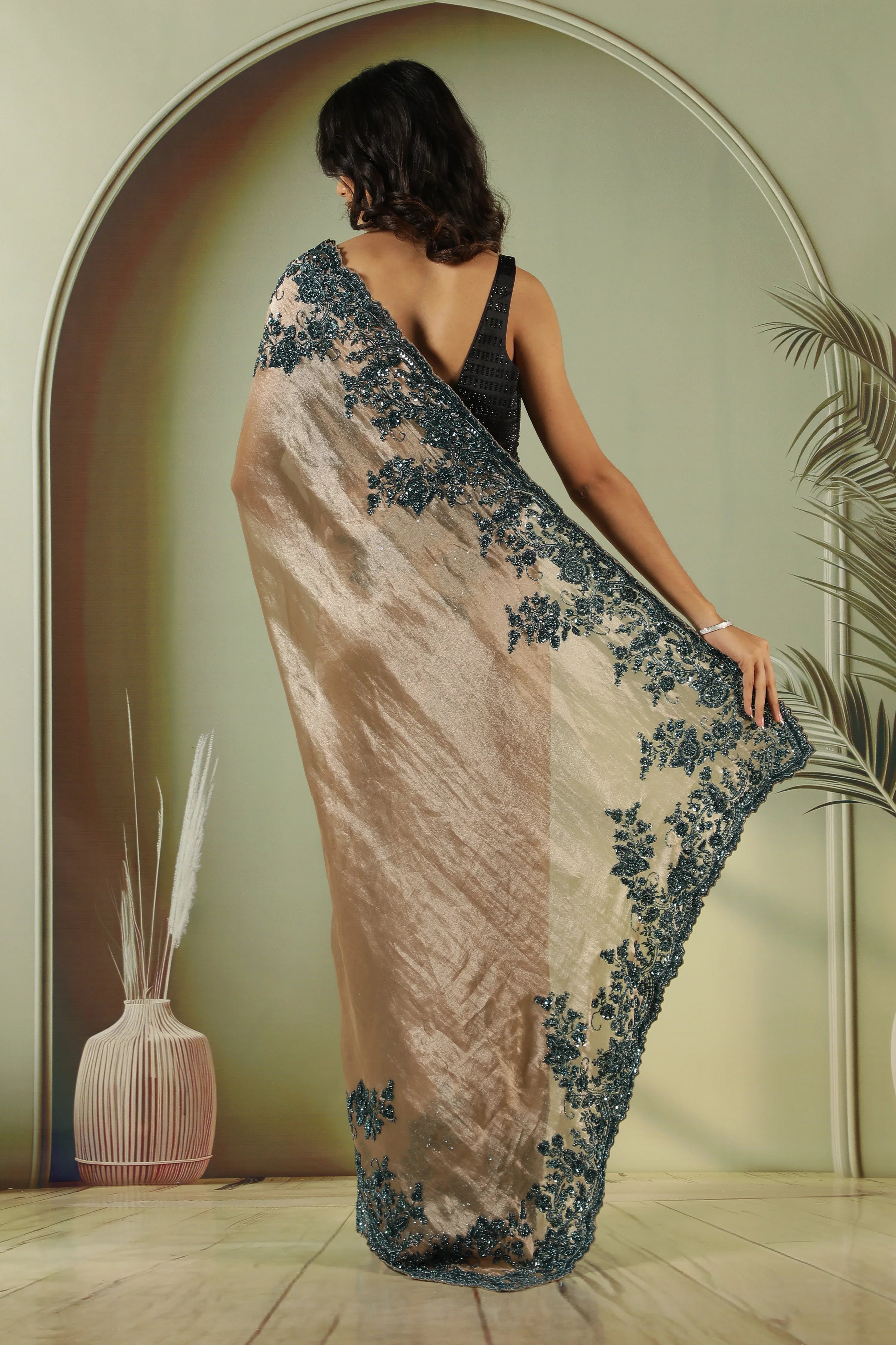 Antique Gold Tissue Saree with Peacock Bead & Sequin Border - Mokshaa