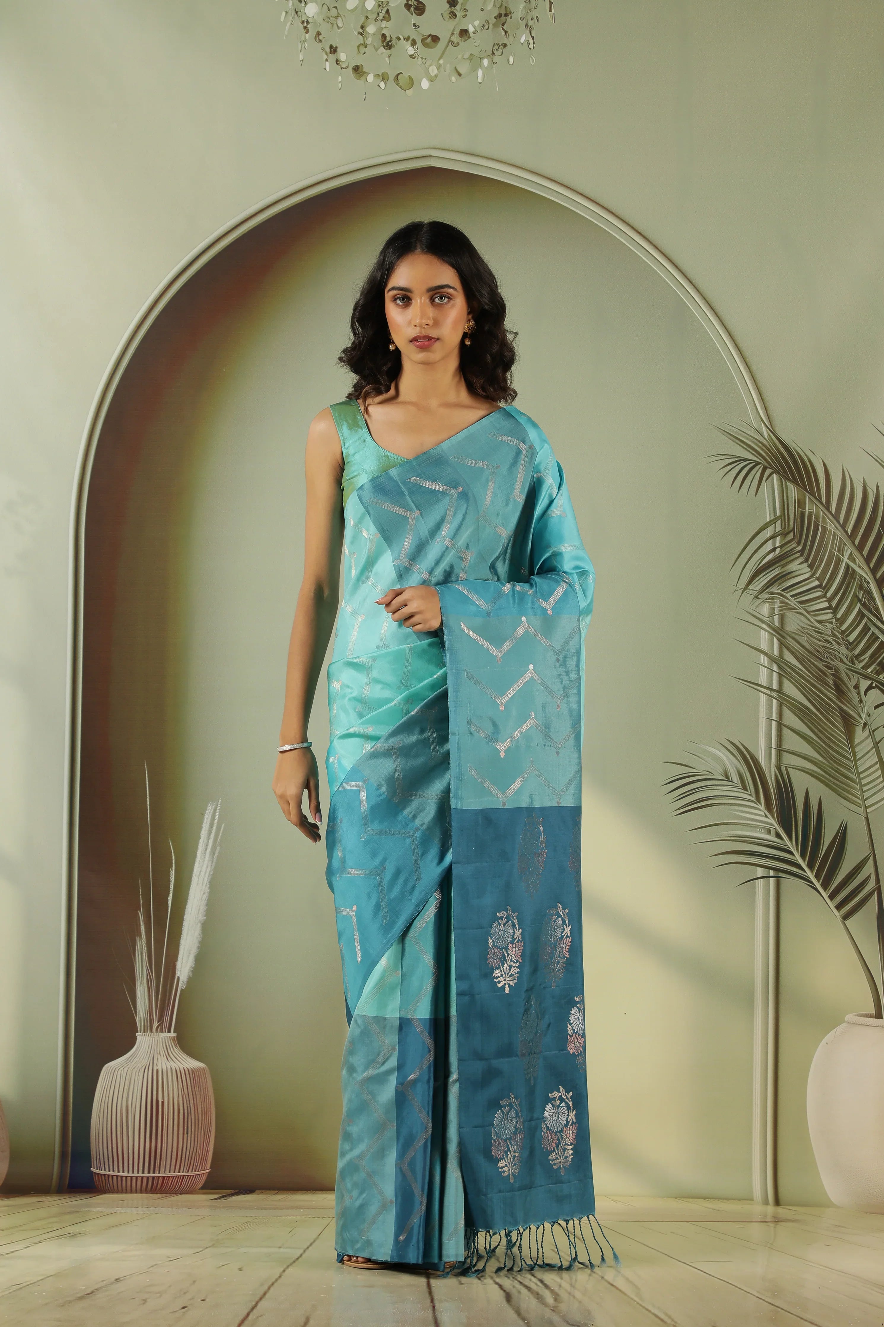 Turquoise Blue Soft Silk Saree with Zari Stripes & Contrast Blouse - Mokshaa