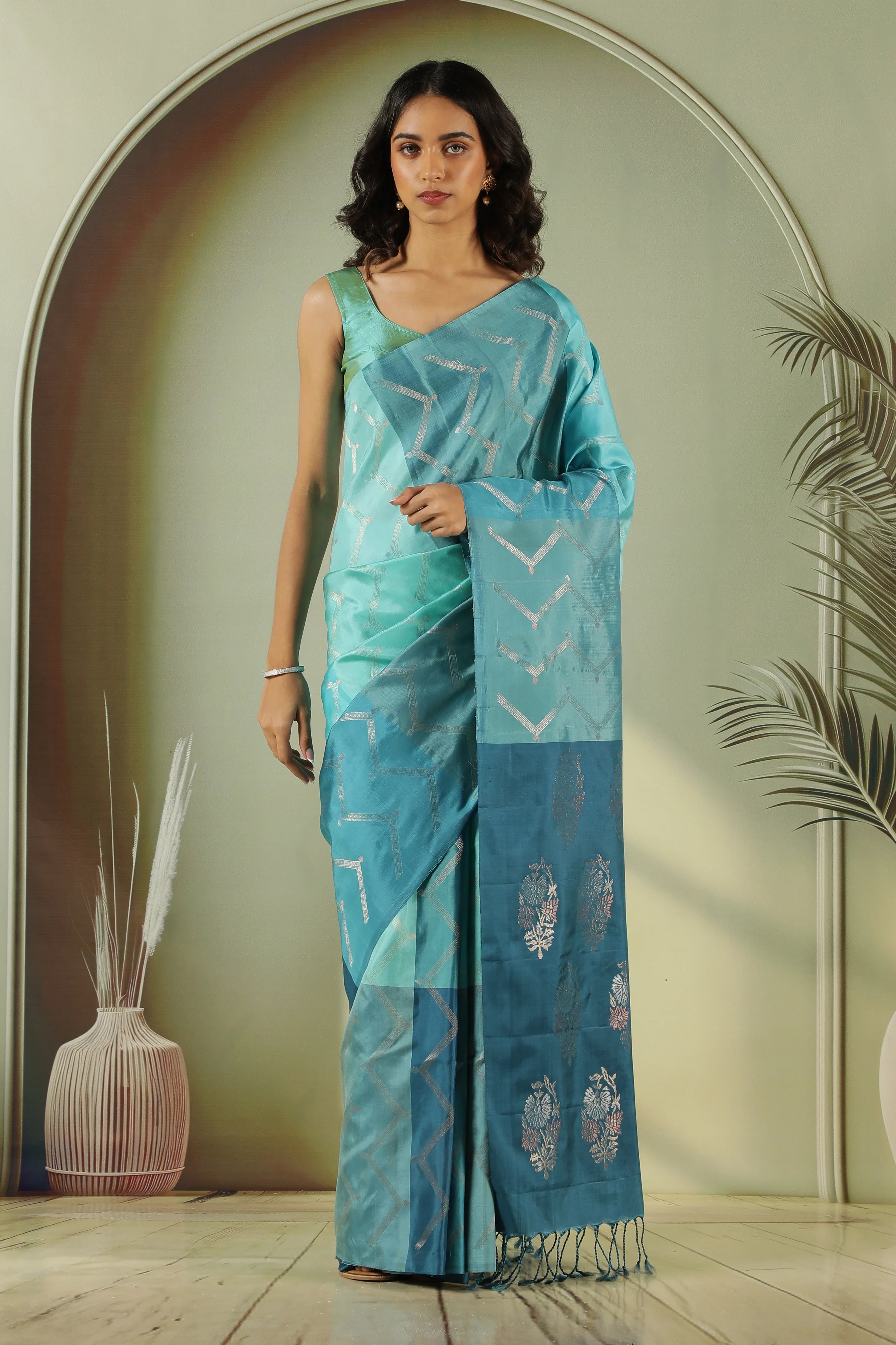 Turquoise Blue Soft Silk Saree with Zari Stripes & Contrast Blouse - Mokshaa